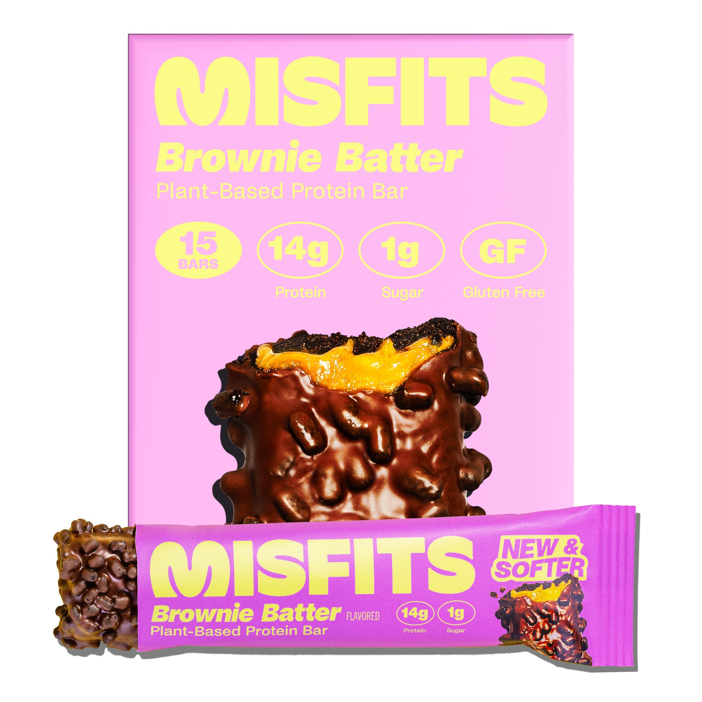 Misfits Vegan Protein Bars, Brownie Batter - Updated Recipe | Plant Based, Low Sugar & Carb, High Fiber Snacks | Pack of 15