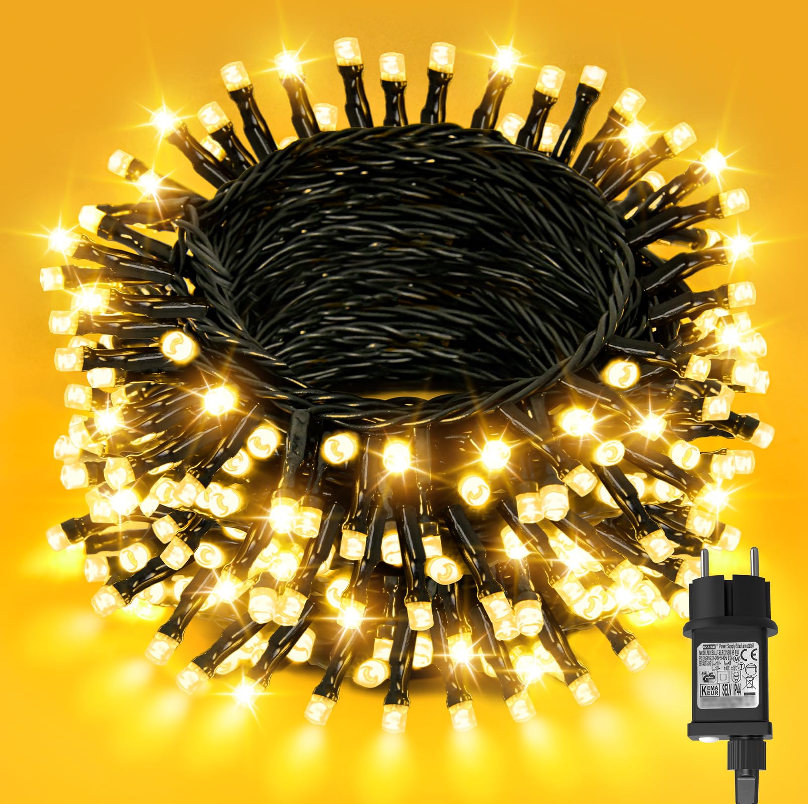 Cadena de luces para árbol de Navidad exterior, 30 m, 300 LED, impermeable, blanco cálido, iluminación de Navidad para exteriores, con temporizador de 6 horas, función de memoria, 8 modos de