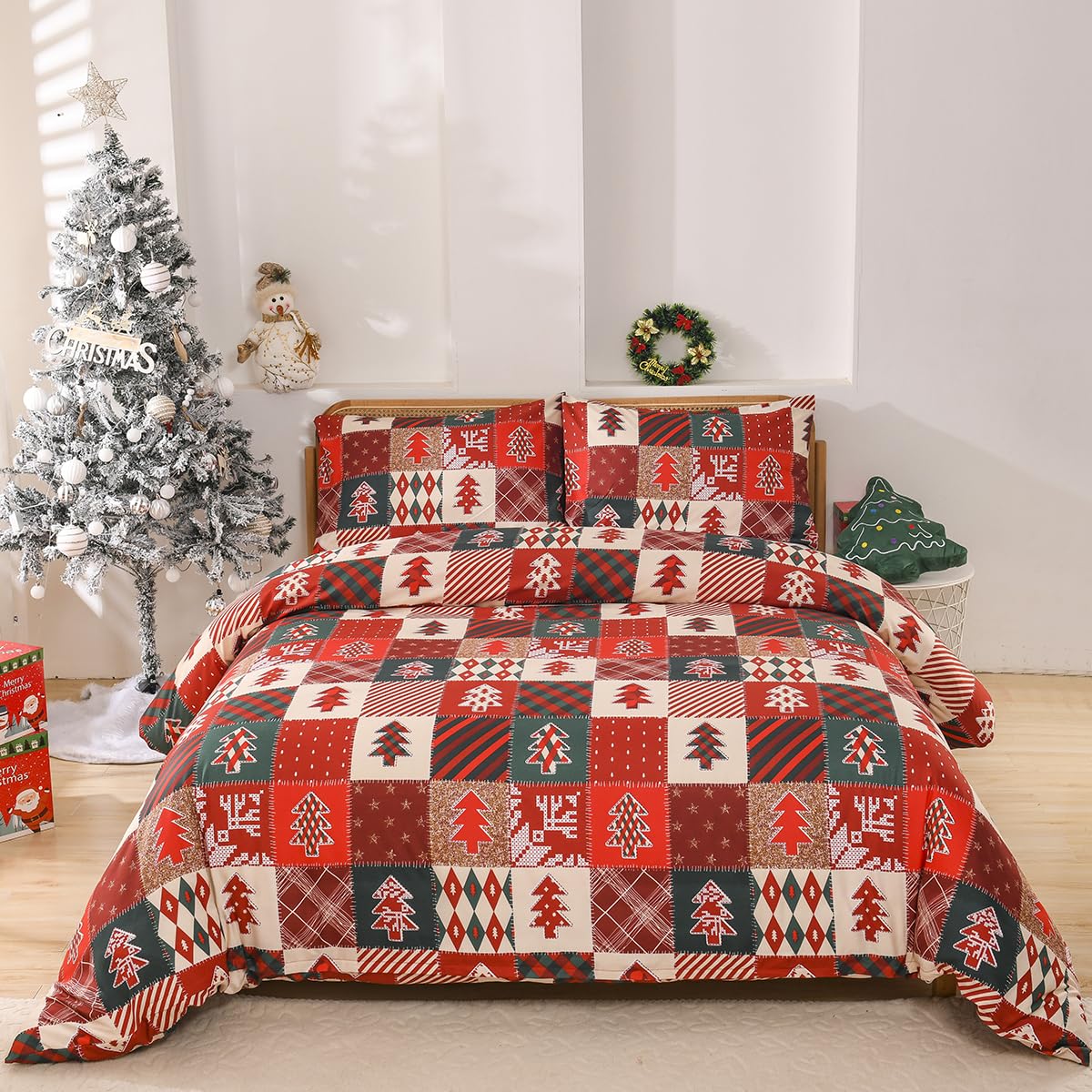 Christmas Duvet Cover Double Size Xmas Christmas Bedding Set with Pillowcases Xmas Tree Sn...