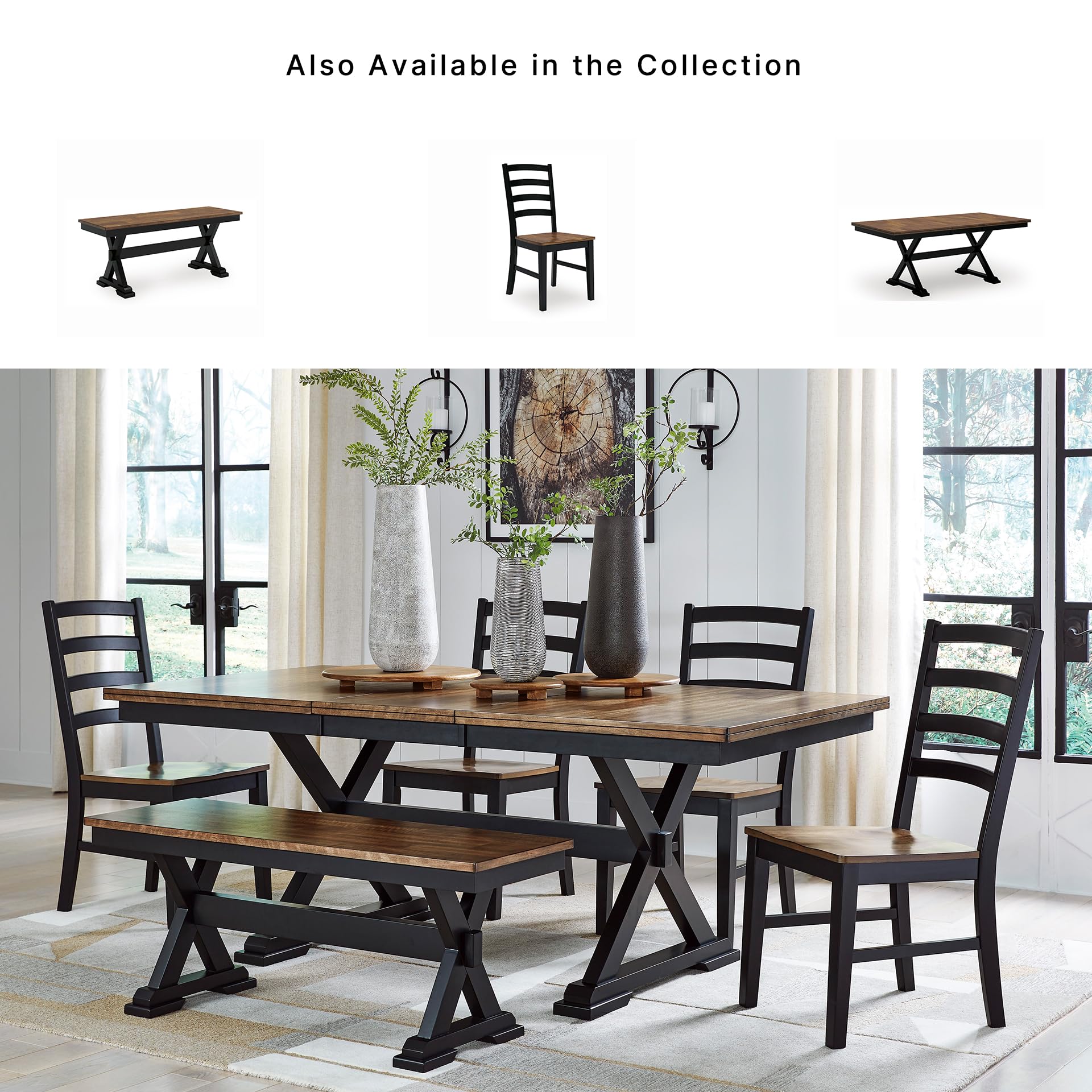 Signature Design by Ashley 1-Piece Wood Dining Bench, 48" 2-Tone Farmhouse | Sturdy solid wood frame with mango veneer and MDF substrate seat, Space-saving 48-inch profile, Wildenauer Series