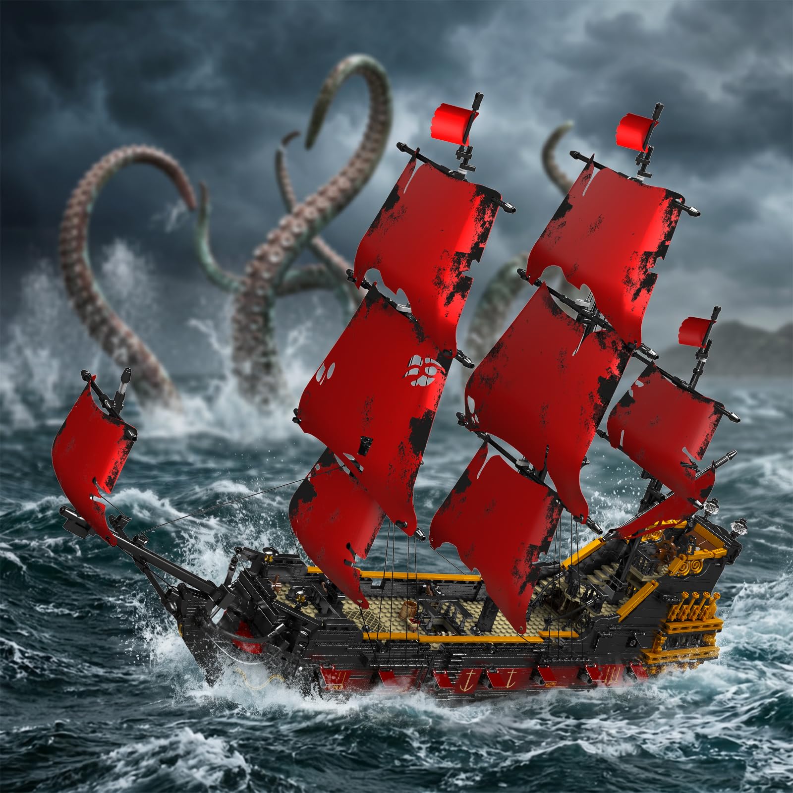 Mould King 13109 Technik Segelboot Modell,The Queen Annes Revenge Großes Rotes Piratenschiff Clamping Blocks Kit 3139 Teile Groß MOC Technologie Königin Annes Rache Klemmbausteine Bausatz