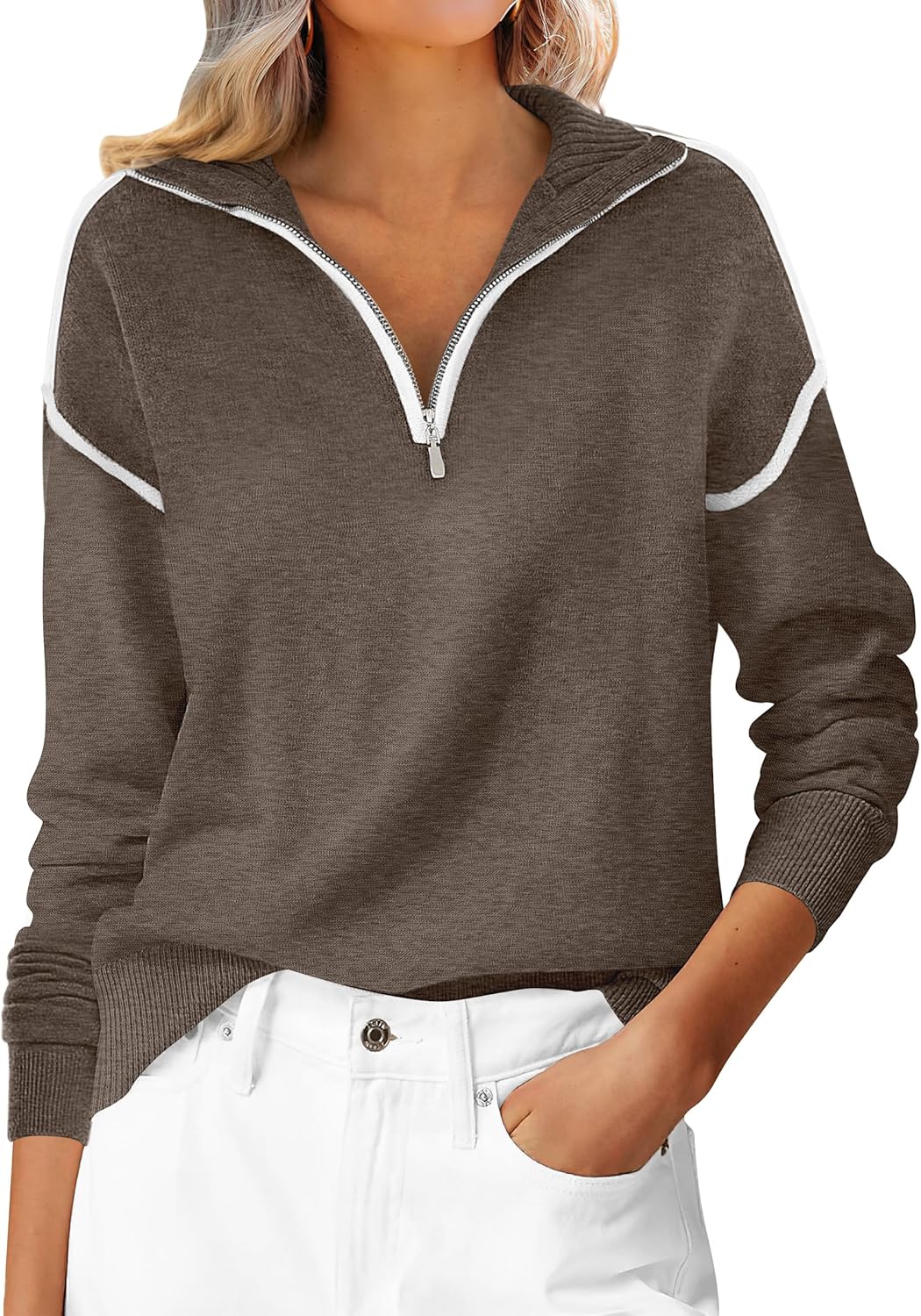 ANRABESS Womens Quarter Zip Sweaters Fall Long Sleeve V Neck Shirts Collared Business Casual Tops Knit Pullover Sweatshirts