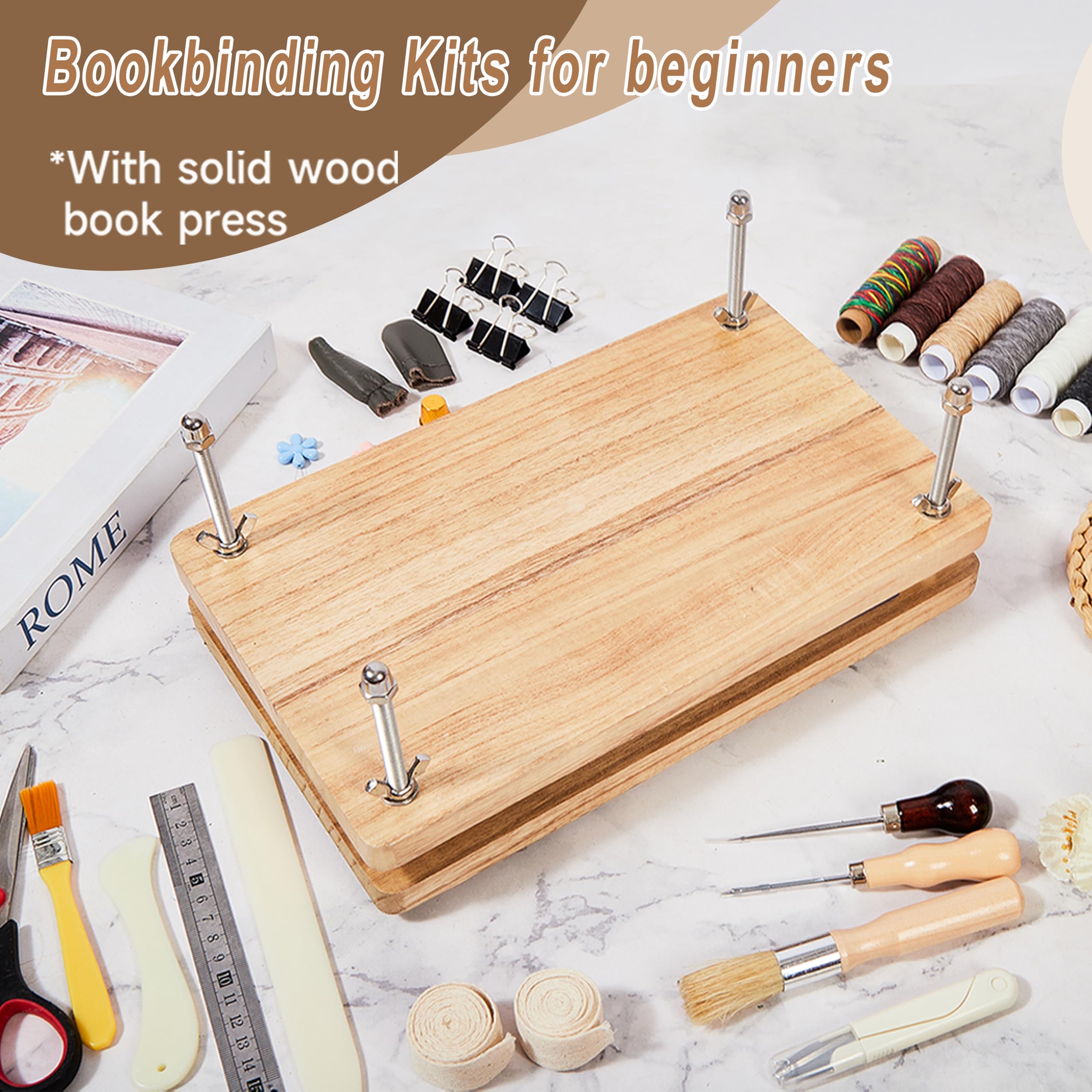FUXAFU 50 Pcs Book Binding Kits, 13"x7.9" Inch Wooden Book Press，Books Binding Materials, with Bone Folder, Awl, Needles for DIY Bookbinding, BookRepair, Handmade Crafts