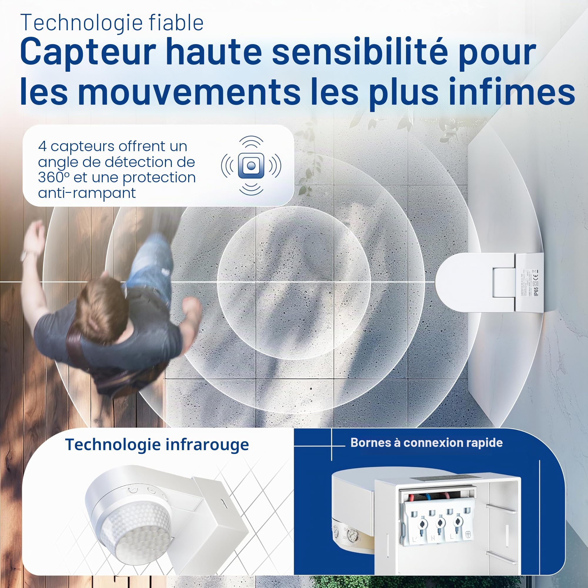 Huber Motion 100 Détecteur de mouvement infrarouge 360° avec 4 capteurs et lentille Fresnel - IP65, LED, protection anti-pénétration et limitation de zone, montage