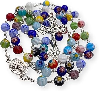 Agate Beads Rosary Necklace Flowers Gemstones Multicolor Catholic Rosary with Holy Soil Medal and Cross