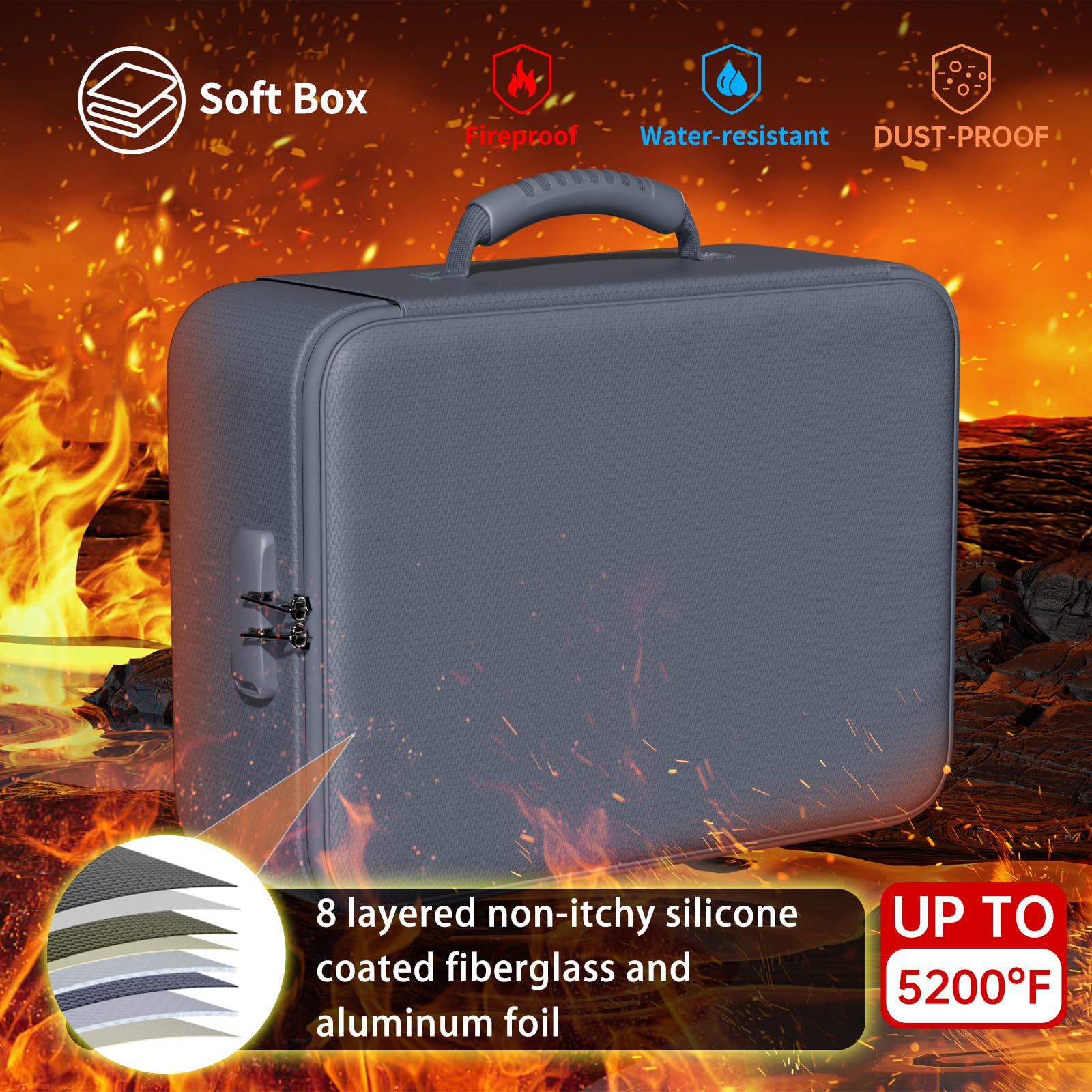 DocSafe Dokumenten-Organizer mit Schloss, verbesserte hitzebeständige (2871 °C) feuerfeste und wasserdichte Box, 8-lagiger Datei-Organizer, tragbare Aufbewahrung für Zuhause und Reisen, Grau (Weich)