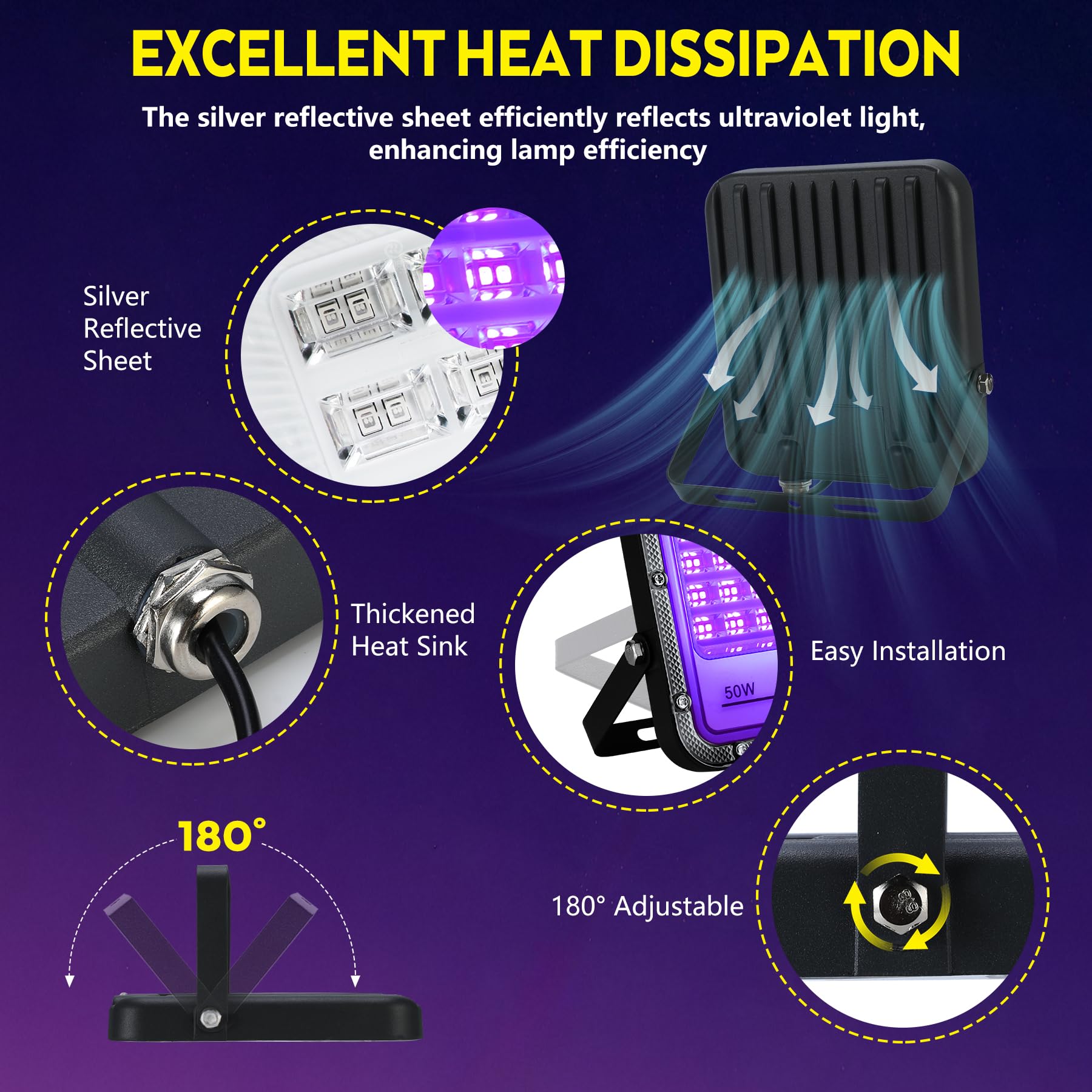 VAYALT 2 Pezzi 50W Luce Nera UV, IP65 Impermeabile Luce UV, 395nm Potente Faro UV, Faretto UV LED per Festa Glow, Bar, Acquario, Natale, Decorazione di Halloween, Pittura, Effetti Fluorescenti