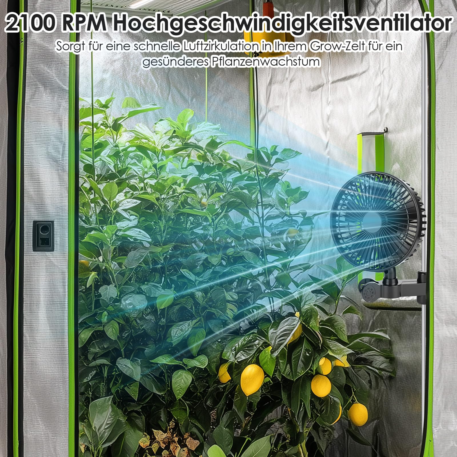 Grow Ventilator mit Clip, 4 Geschwindigkeitsstufen, IP-44 Schutzklasse, EC-Motor, Oszillierender Klemmventilator für Growbox/Zelt, 10W Leistung
