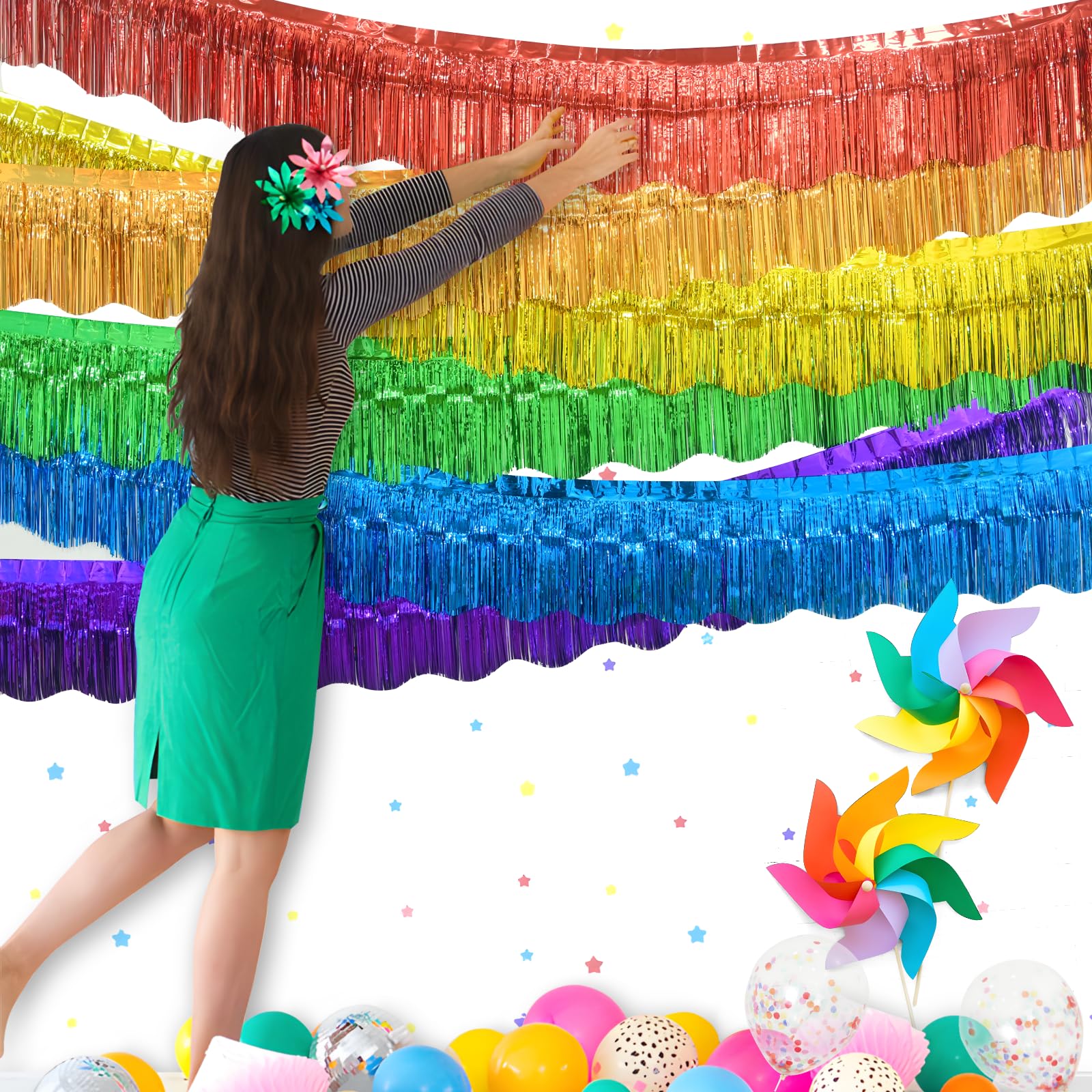 LOLStar Regenbogen-Folien-Fransengirlande, Party-Dekorationen, 6 Stück, Regenbogen-Lametta-Metallic-Glitzer, hängende bunte Tischröcke für Geburtstag, Hochzeit, Weihnachten, Stolz, Monat, Parade
