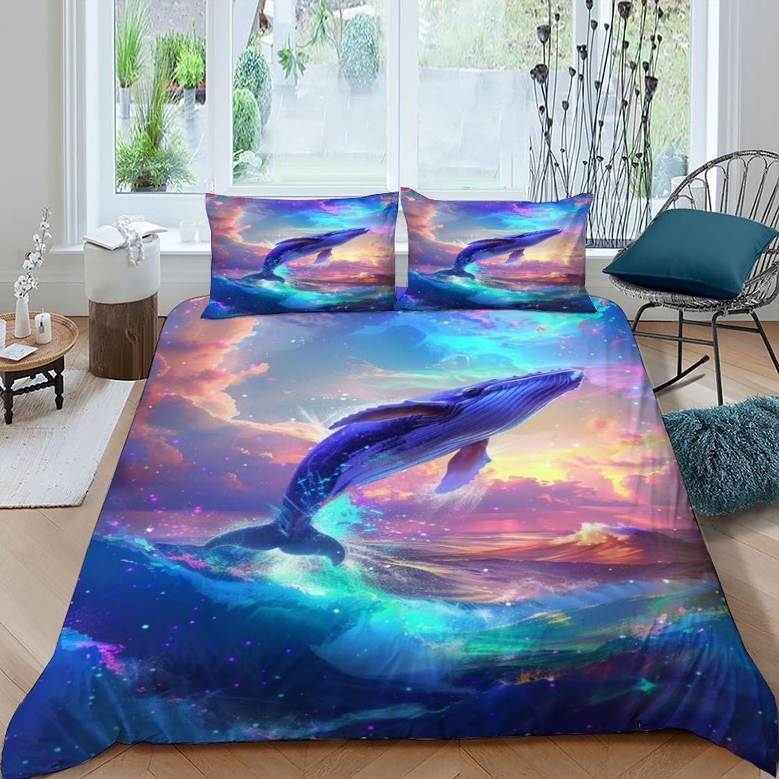 Housse de couette galaxie baleine King 220x240cm avec taies d'oreiller
