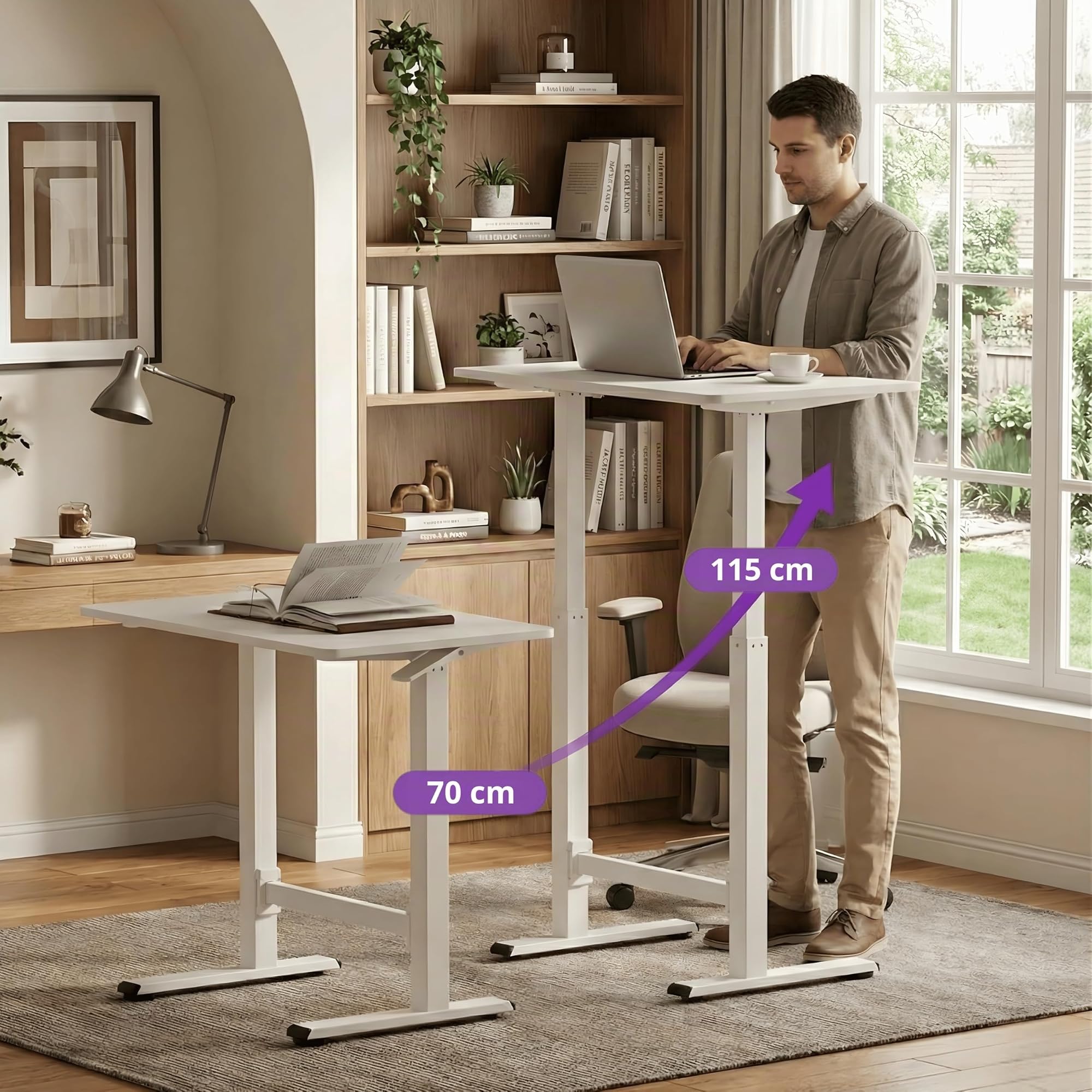 Spacetronik Höhenverstellbarer Schreibtisch Manuell 80x50 cm | Gasfeder Pneumatisch, Sitz-Steh-Tisch ohne Strom, Mobiler Laptoptisch mit Rollen, Stehpult 70-115 cm, Weiß