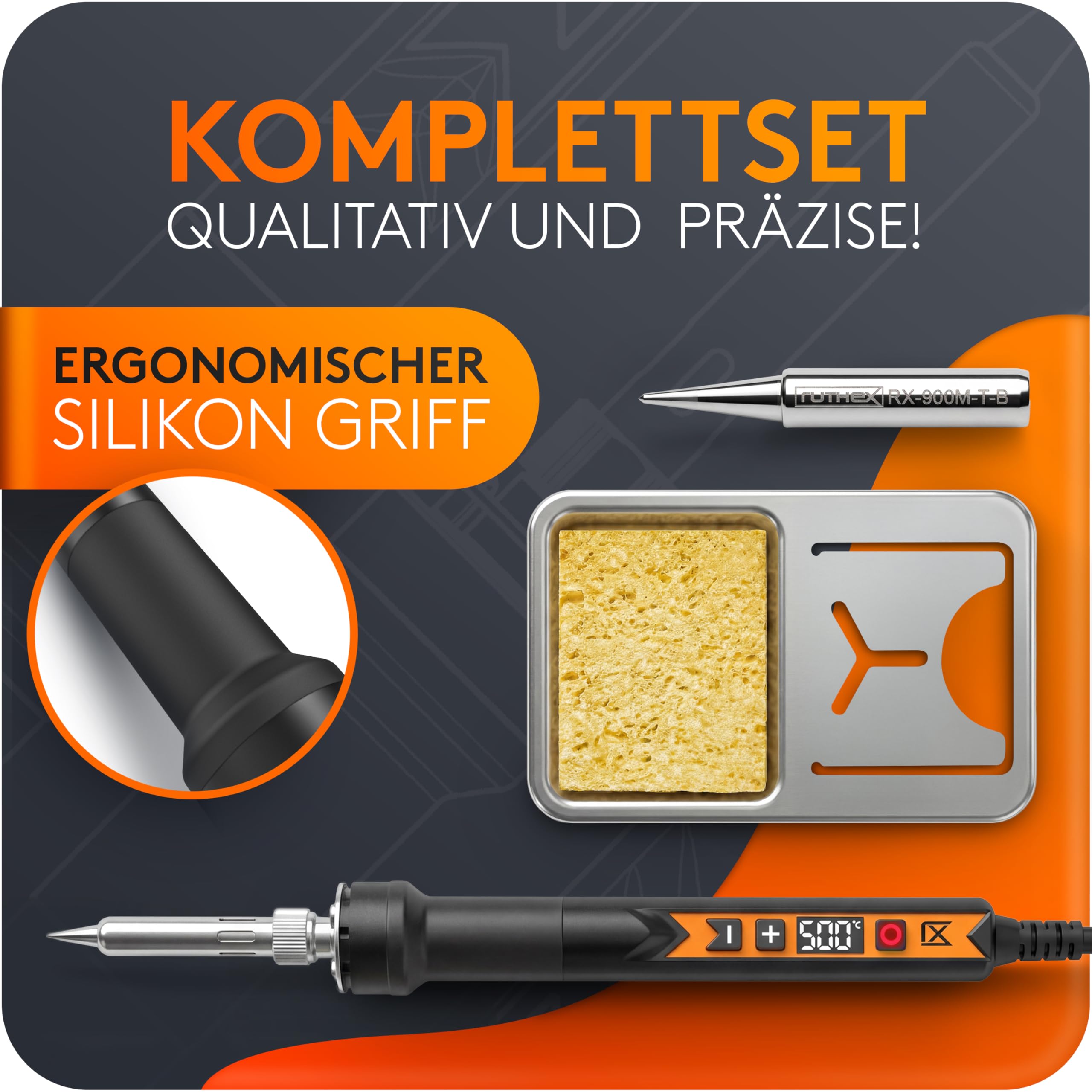 ruthex 900M Lötkolben mit LED-Display - 90W - Temperatur Einstellbar 150~500 ℃ - Abkühlphase mit LED Temperaturanzeige - Lötpistole mit 900M Lötspitze inklusive Ablageständer