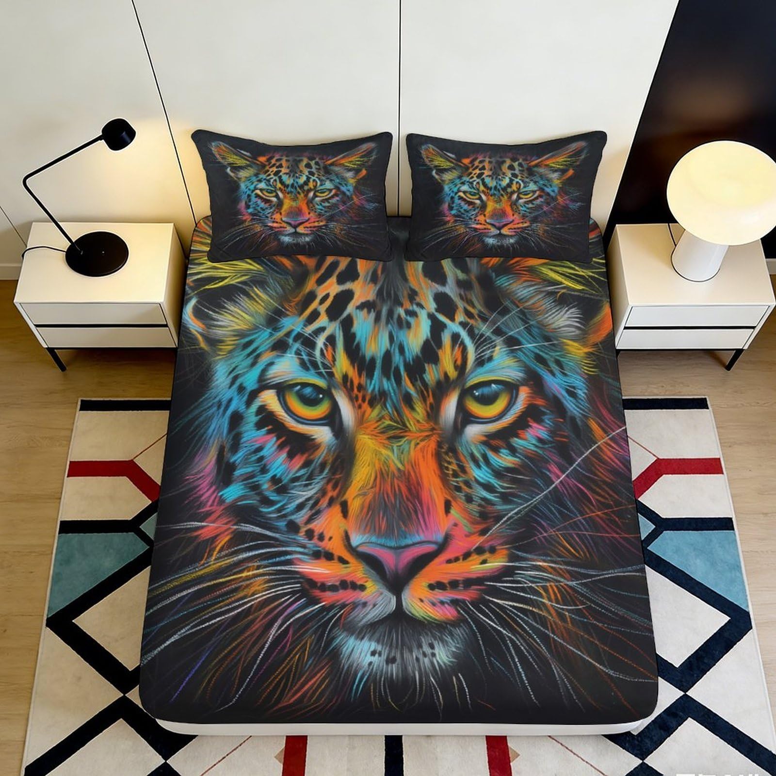 3D Printed Colorful Leopard Fitted Sheet Microfiber Anti-Slip Mattress Cover Neon Wild Cat Bed Decor for Bedroom Dorm 160x200x25cm