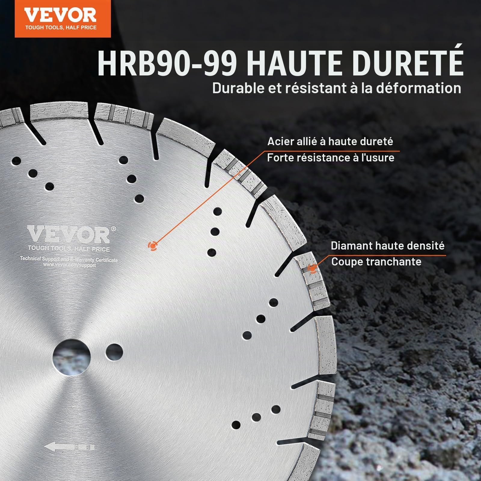 VEVOR Disque à Tronçonner Diamanté 350 mm, Disque Diamant Humide ou Sèche, Lame de Scie à Béton avec Dents Inclinées de 10 mm, Diamètre du Trou Central Universel 25,4 mm, pour Béton, Carrelage, Brique