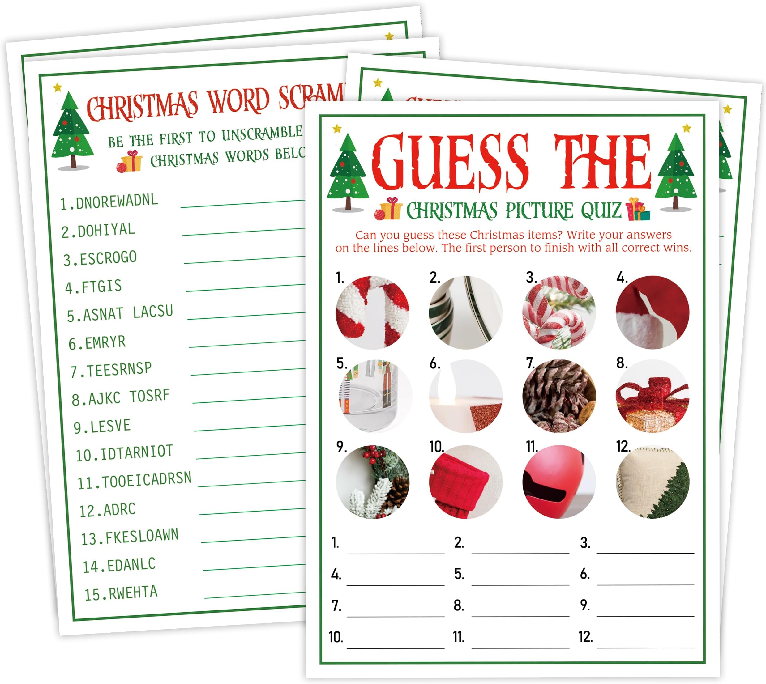 Christmas Word Scramble and Picture Quiz, Christmas Party Games for Home, Office, Party, Family Fun, Trivia Game with 30 Cards and Answer Key, Family Game Supplies,P2