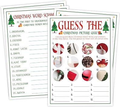 Christmas Word Scramble and Picture Quiz, Christmas Party Games for Home, Office, Party, Family Fun, Trivia Game with 30 Cards and Answer Key, Family Game Supplies,P2