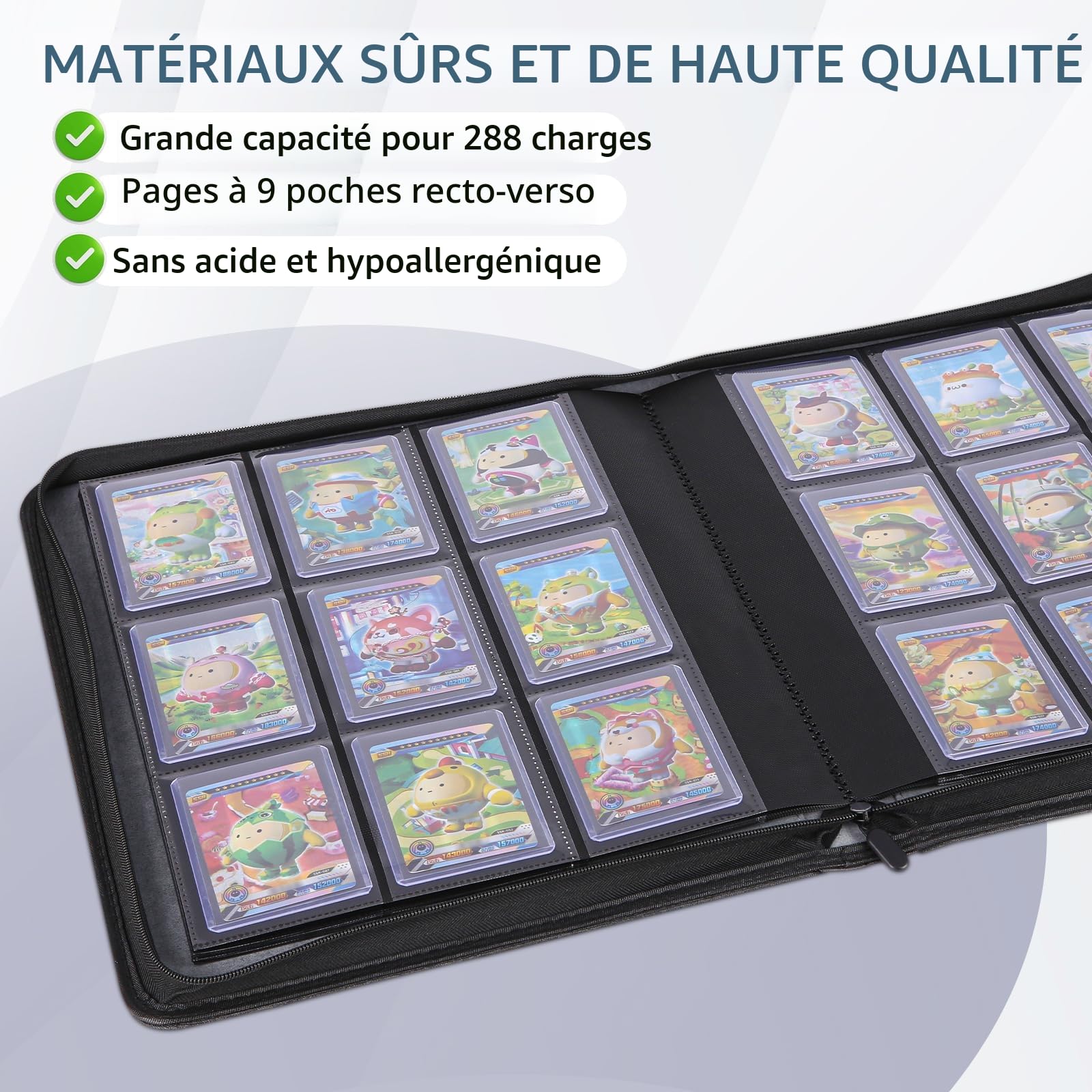 Toploader Album de cartes à collectionner pour 288 Top Loader, 9 compartiments avec poches pour cartes Rigid Toploader 8,6 x 11,2 cm, pour TCG, cartes MTG (Noir)