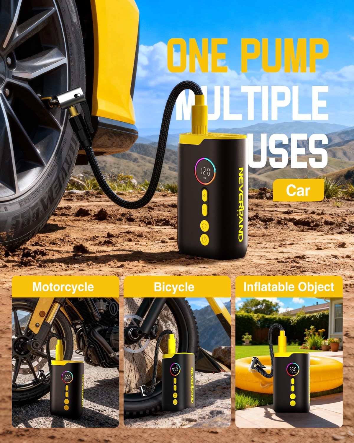 NEVERLAND Gonfleur Pneus Voiture,10,3 bars/150 PSI, Gonfleur Electrique pour Voiture, Moto, Vélo, Ballon, Arrêt Automatique, Cadenas en U