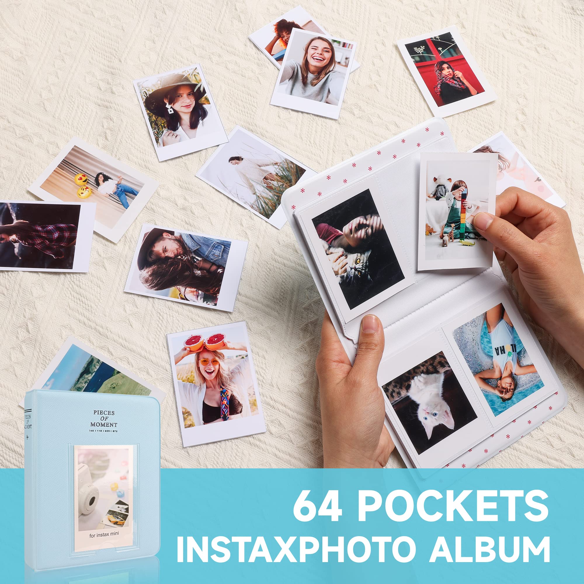 Custodia per fotocamera e album fotografico a 64 tasche, compatibile con Fujifilm Instax Mini 12, in pelle PU, portatile, mini 12, con tracolla regolabile e album fotografico, blu, PICCOLO