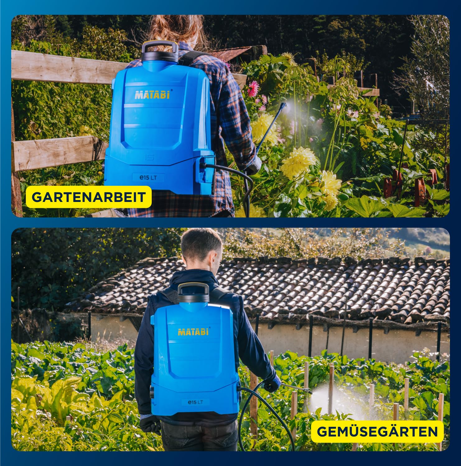 Matabi e15LT Akku Drucksprüher 15 l - 12V Lithium-Akku | 2 Düsen - Akku-Spritze, Schnellladung - Bis 150 l Autonomie - Für Gemüsegärten, Gärten und als Rückenspritze