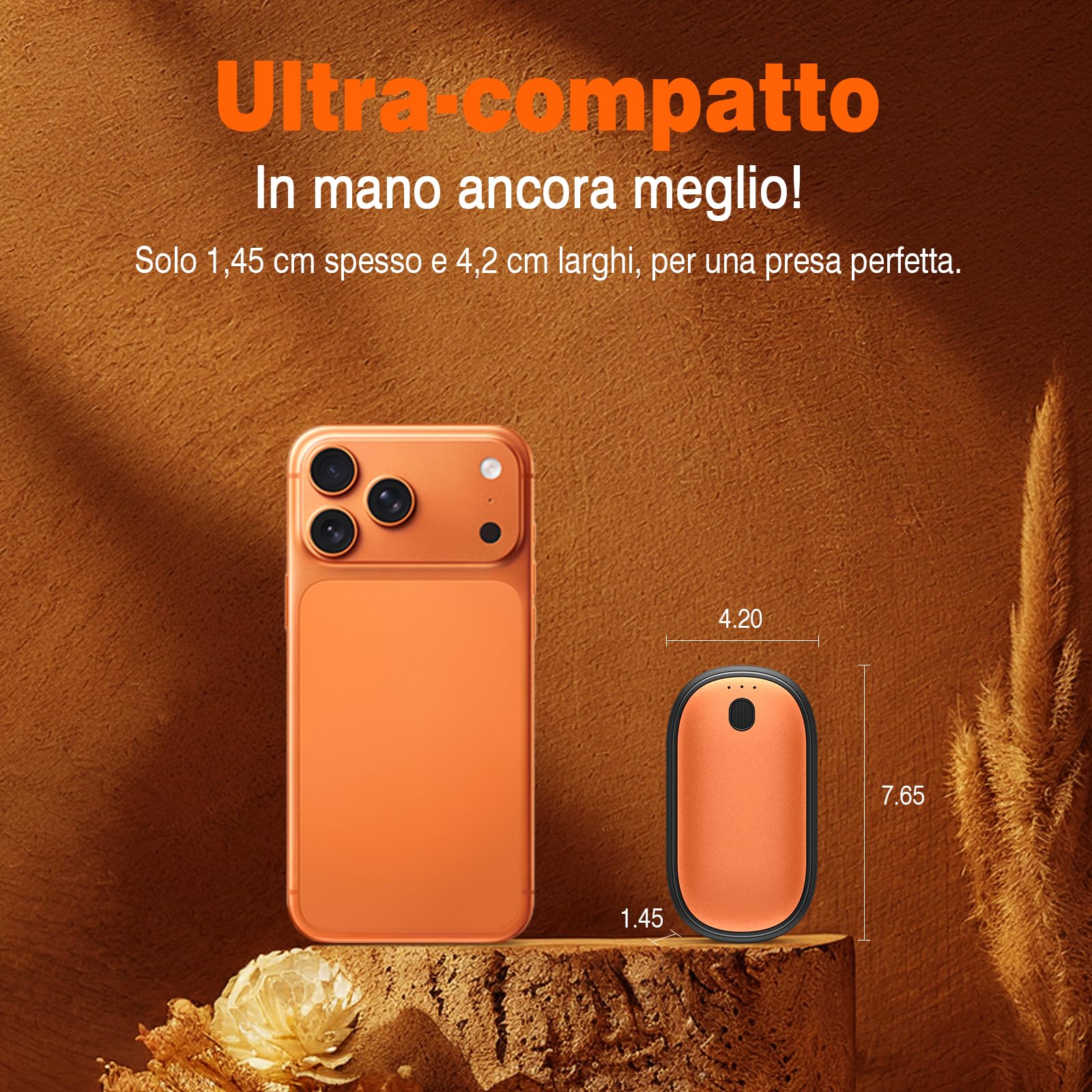 Scaldamani Ricaricabile, 2 in 1 Scaldamani Magnetico 5000mAh, Scalda Mani Elettrici USB-C, Certificato CE UL,3 Livelli di Temperatura, Per Campeggio All'aperto, Caccia e Golf (Orangegold)