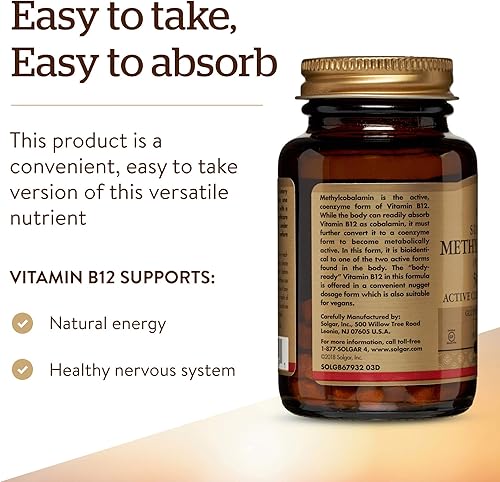 Miniatura 6 de Solgar Metilcobalamina vitamina B12 5000 mcg 60 pepitas - Apoya el metabolismo energético - Listo para el cuerpo forma activa de B12 - Vitamina B