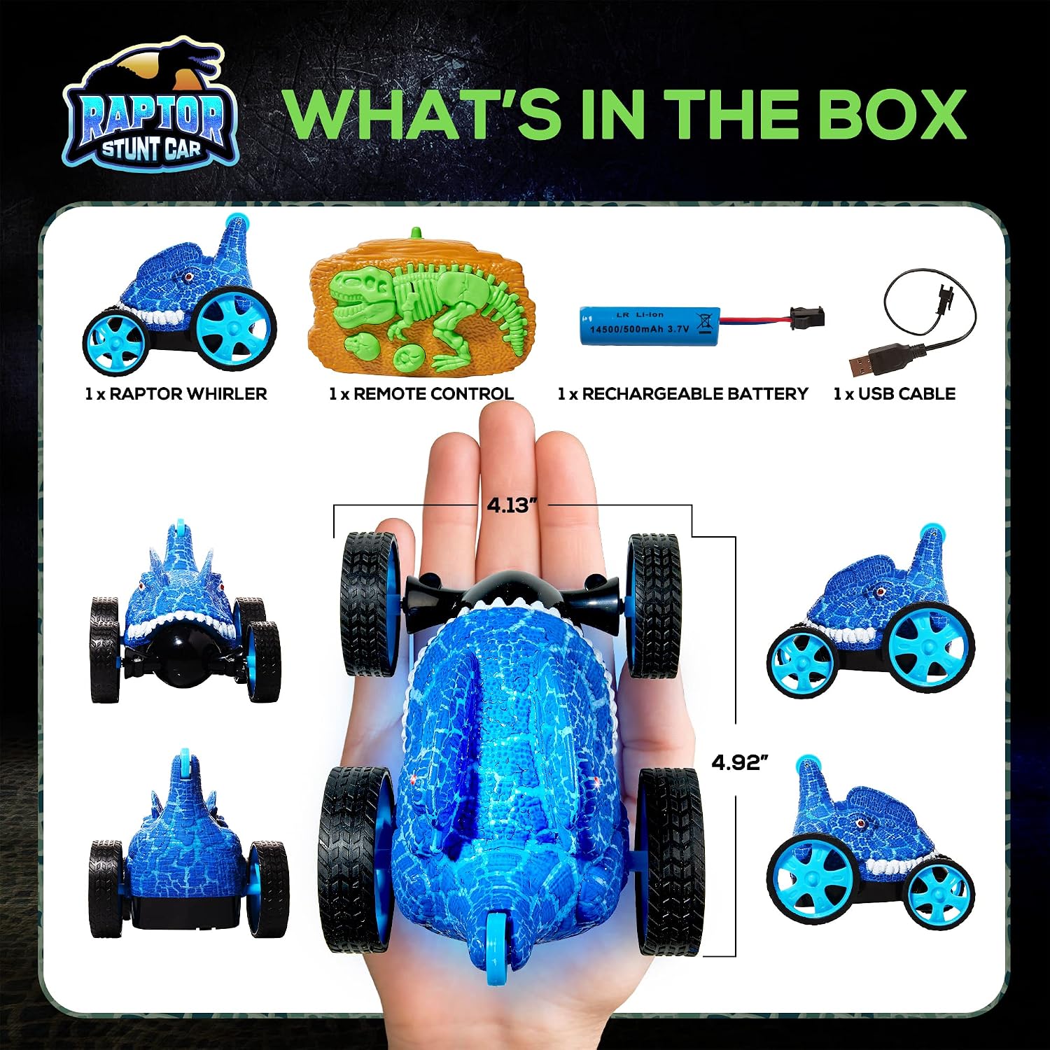 Force1 Dino Whirler Raptor 360 Stunt Car Mini RC Car for Kids - Fast Remote Control Mini Stunt Car 5 Wheels LEDs 360 Flips Standing Rotating Small RC Car 2.4 GHZ Remote Control Car Toy for Boys Girls