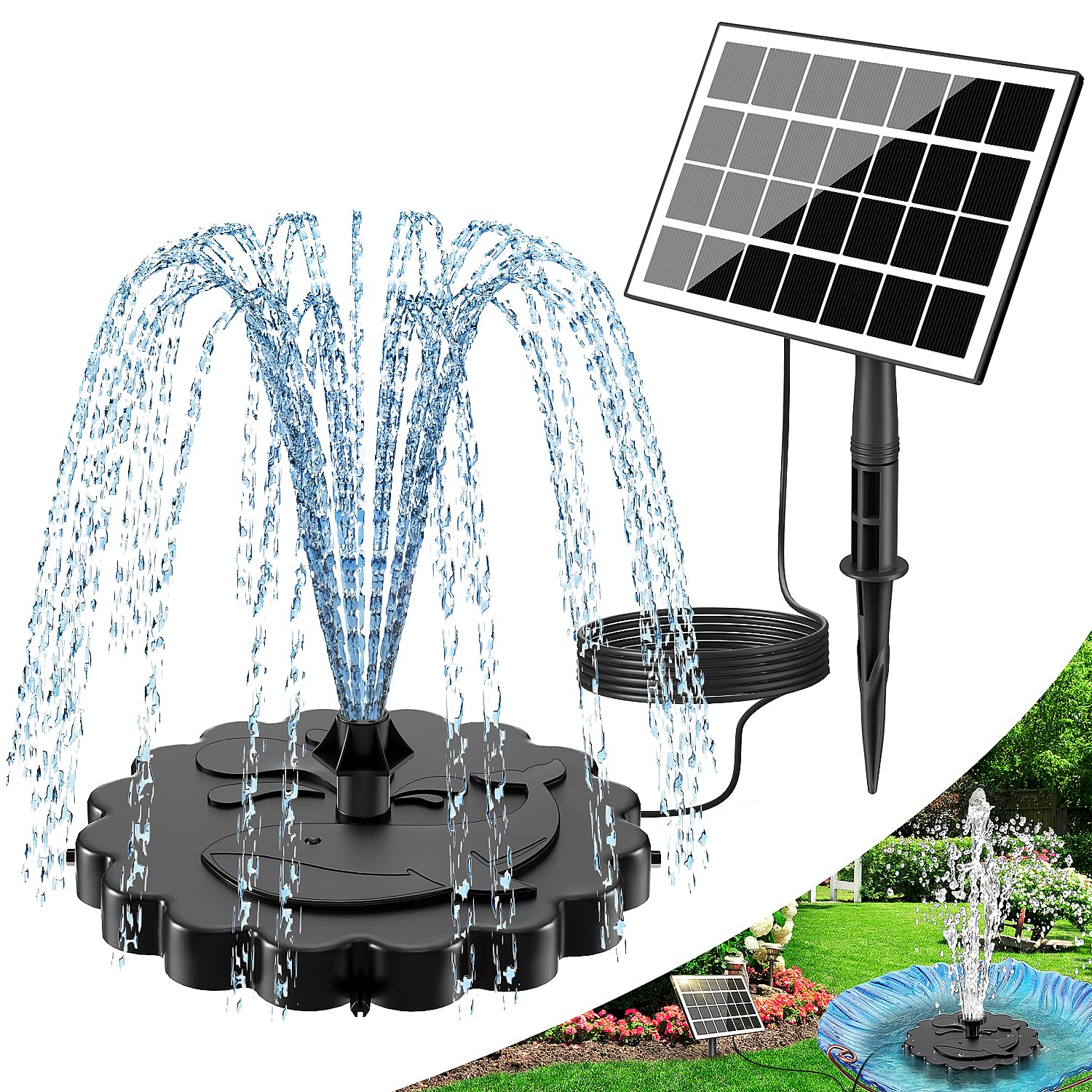 Photo 1 of SZMP 3.5W Solar Fountain Pump, All-Glass Panel Solar Water Pump Kit with Stake & 4 Anti-Drift Rods, 9.8FT Cable 8 Nozzles for Bird Bath, Garden, Backyard, Fish Tank