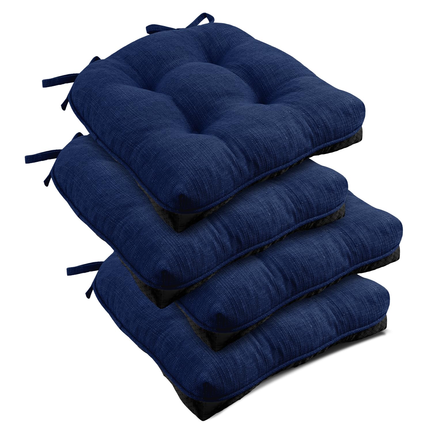 downluxe Indoor Chair Cushions for Dining Chairs, Tufted Overstuffed Textured Memory Foam Kitchen Chair Pads with Ties and Non-Slip Backing, 15.5" x 15.5" x 4", Royal Blue, 4 Pack