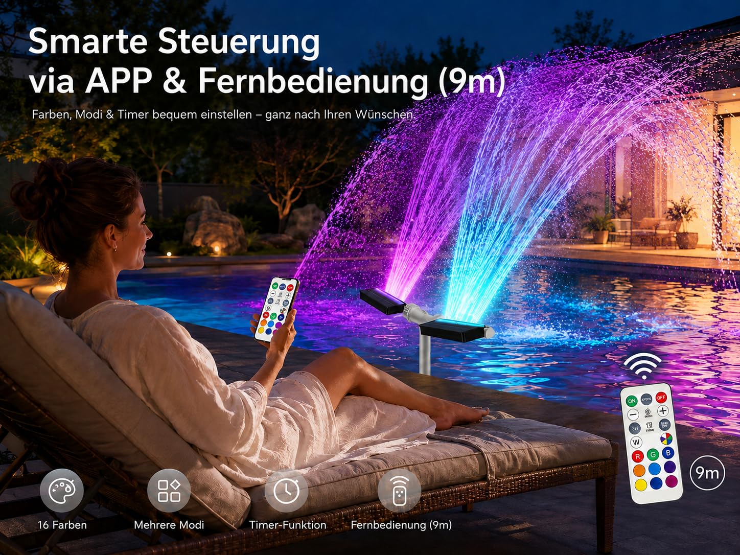 Solar Poolbrunnen mit LED RGB Licht, 18 LED Dual Sprühkopf 360° Einstellbar, 11 Modi Fernbedienung Fernbedienung & App Steuerung, Poolkühler mit Akku & USB Ladefunktion