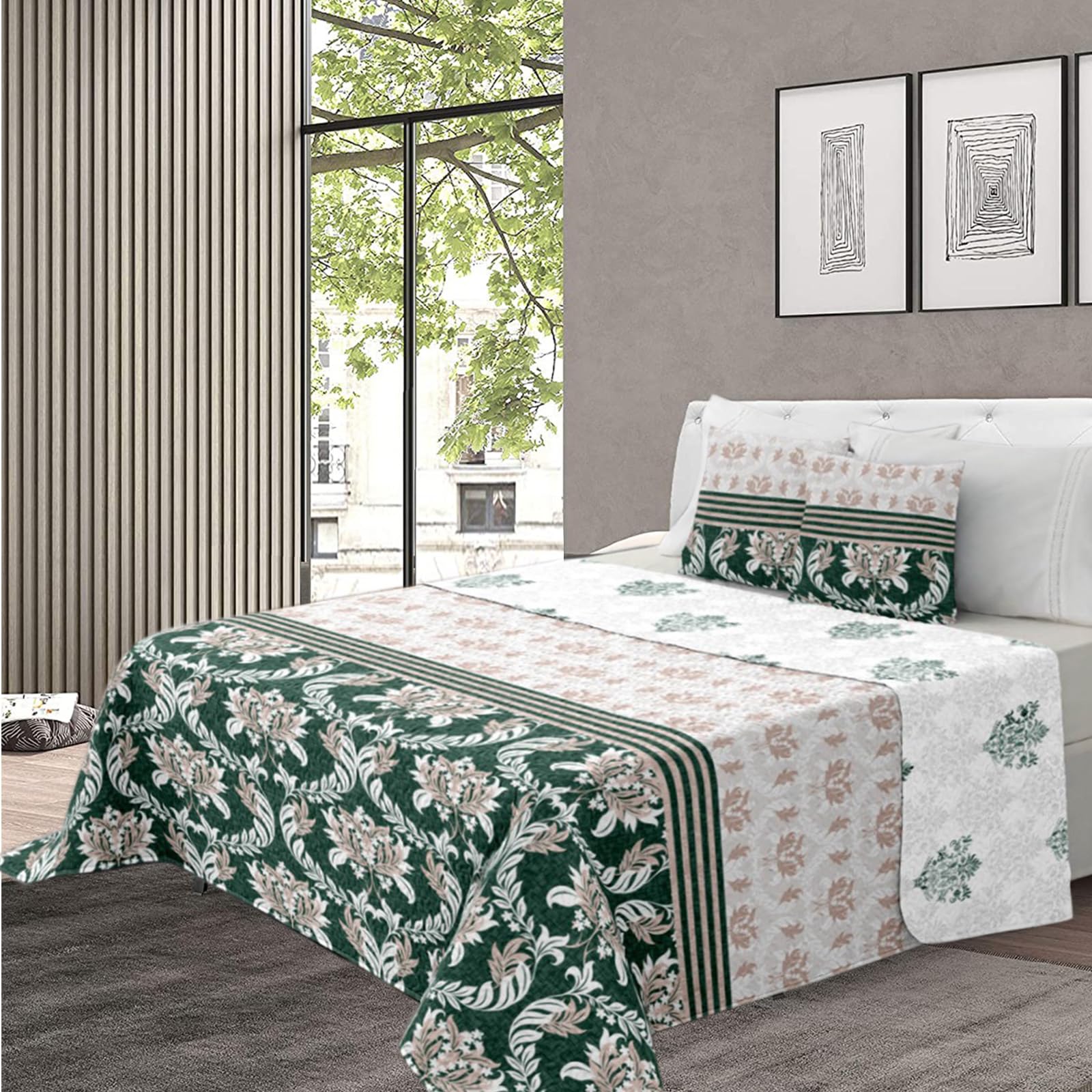 various - Colcha Bouti Estempada para Verano y Premivera,Reversible Color de Verde + 2 Funda Cojin 50x70 cm,Colcha Cubrecama Ligera Fina,Entretiempo 100% Poliéster. (Cama 135-230 x 260cm)