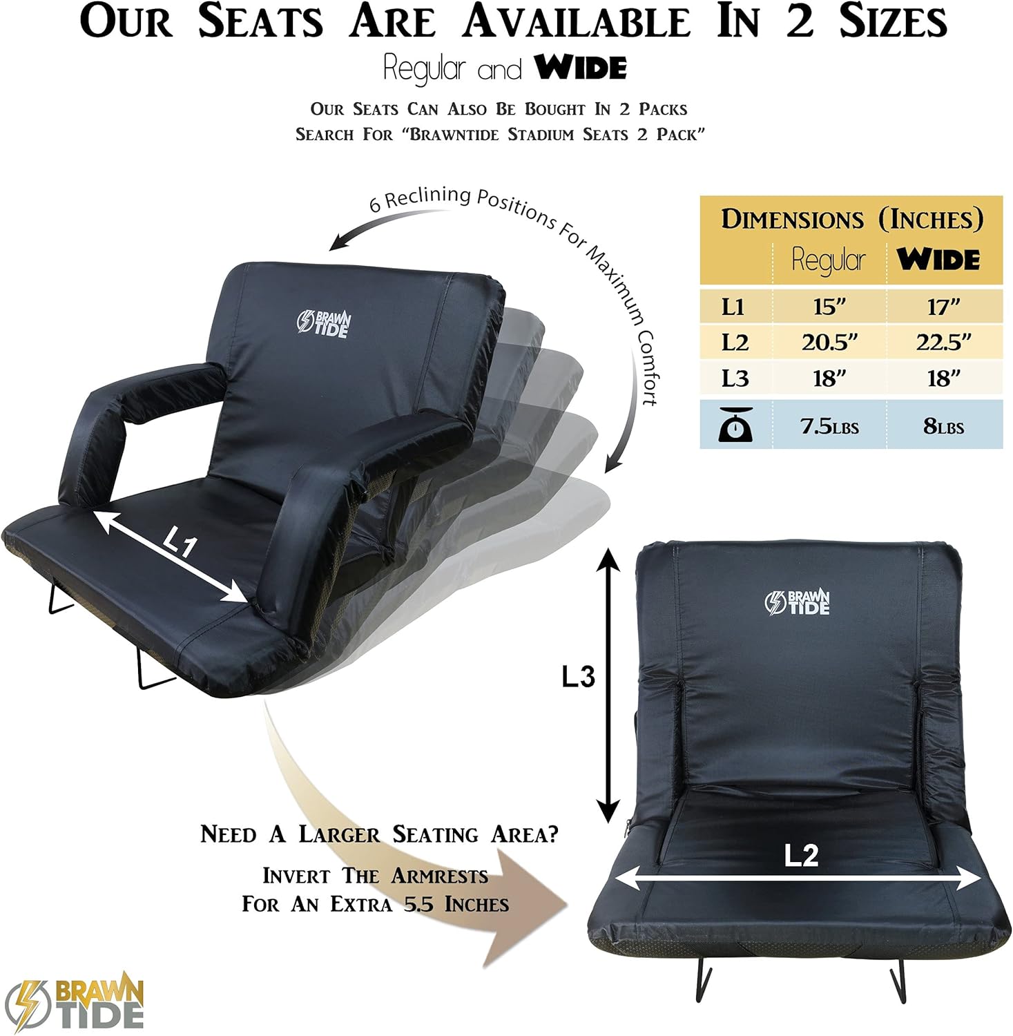 BRAWNTIDE Stadium Seat with Back Support - Comfy Cushion, Thick Padding, 2 Steel Bleacher Hooks, 4 Pockets, Reclining Back, Arm Rests, Ideal Stadium Chair for Sport Events, Beaches, Camping, Concerts : Sports & Outdoors