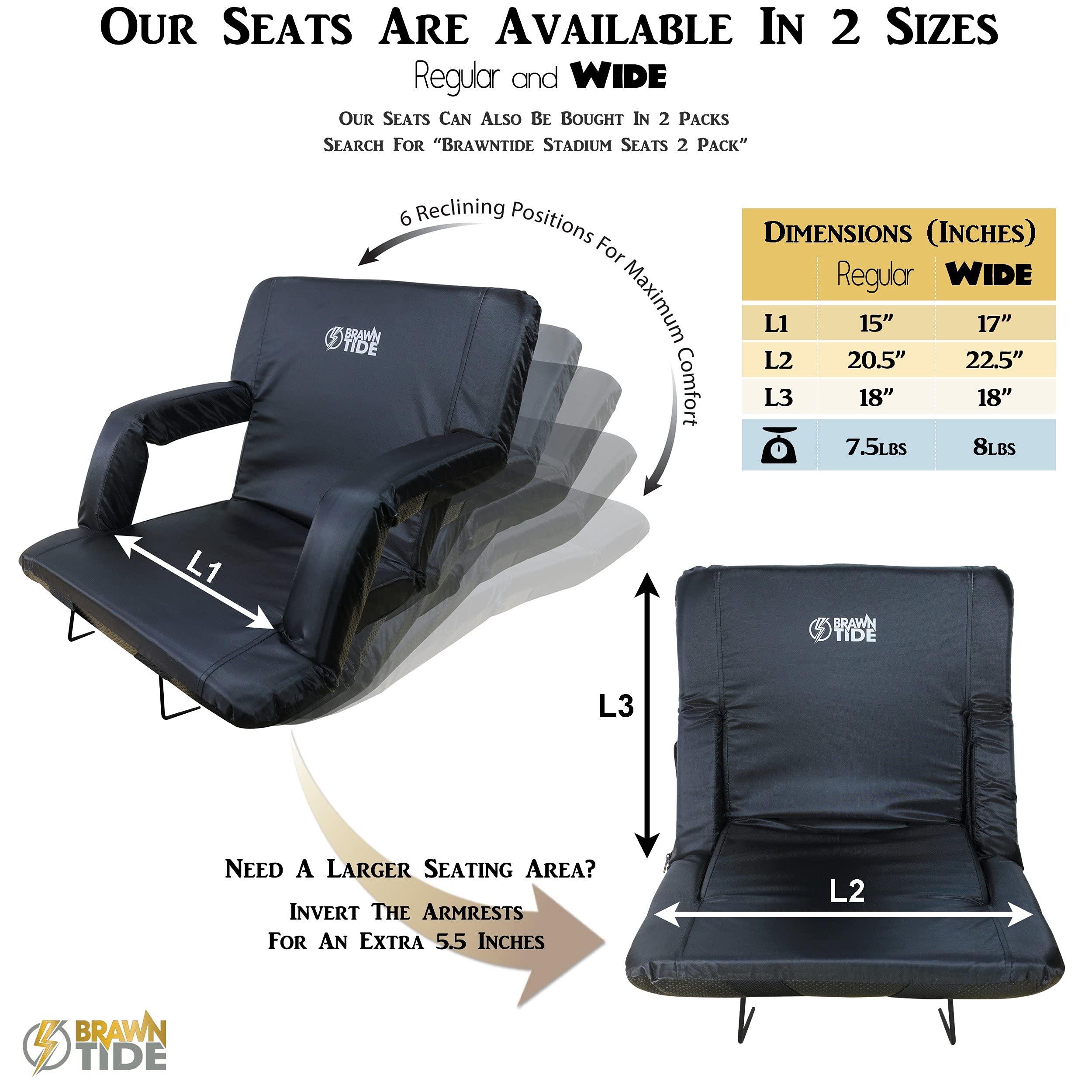 BRAWNTIDE Wide Stadium Seat for Bleachers - Stadium Chair with Back Support, Comfy Cushion, Thick Padding, 2 Steel Bleacher Hooks, 4 Pockets, Ideal for Sport Events, Camping, Parks (Black, Wide Size)