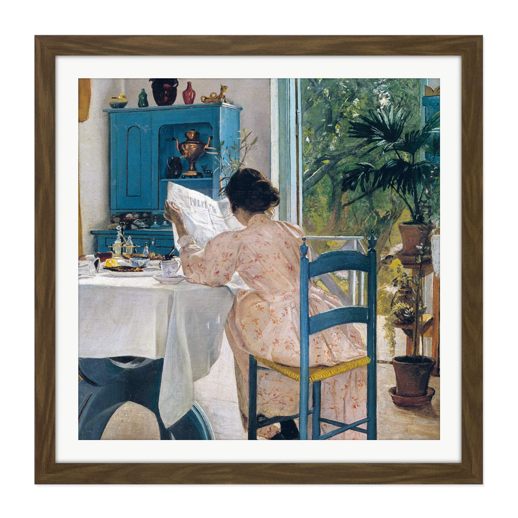Ring At Breakfast Table Morning Newspapers Painting Square Wooden Framed Wall Art Print Picture 16X16 Inch