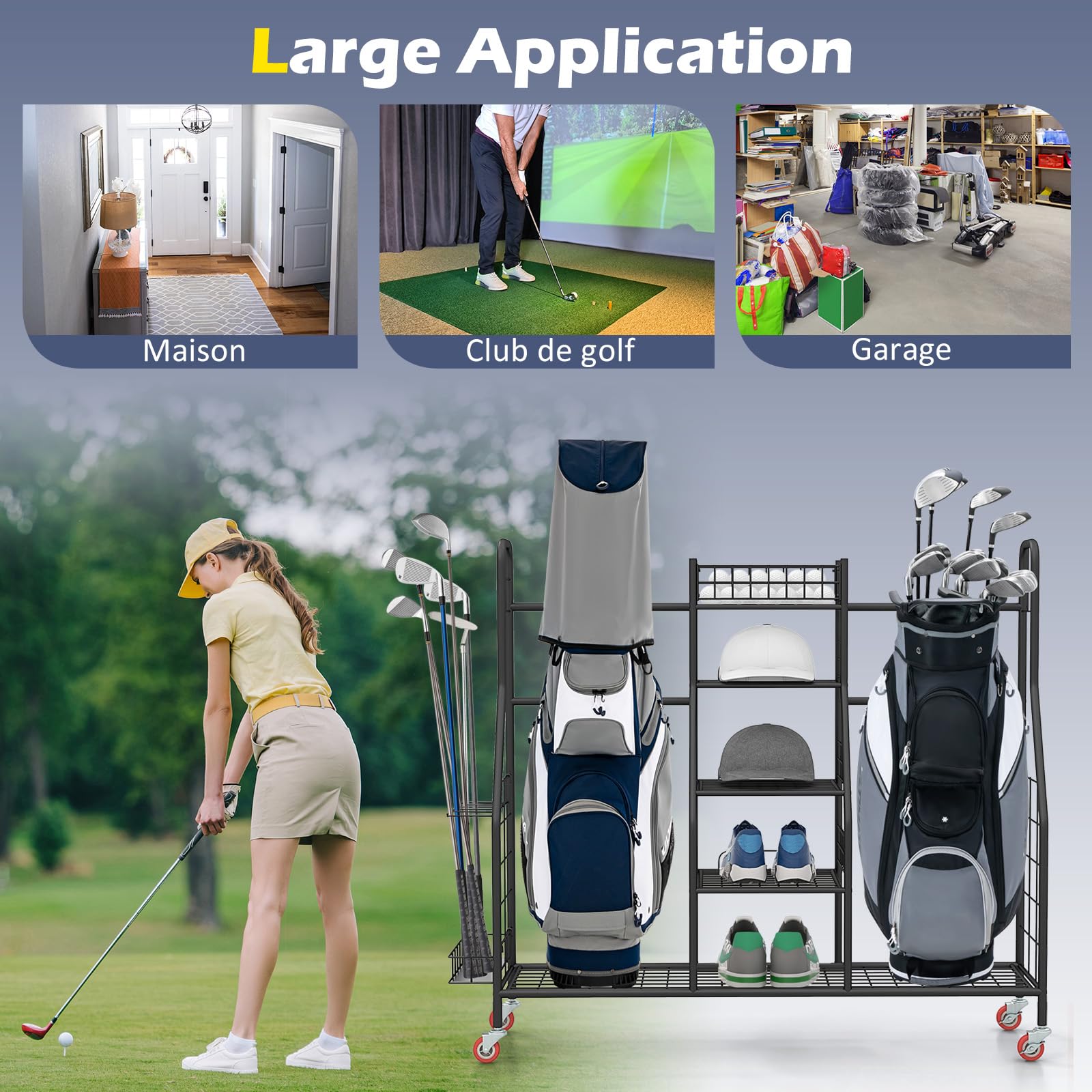 GOPLUS Organiseur de Rangement pour Sac de Golf en Métal Robuste, Support de Rangement pour Clubs de Golf avec Roues Verrouillables et Équipements de Golf, Étagère Latérales Amovibles, Noir