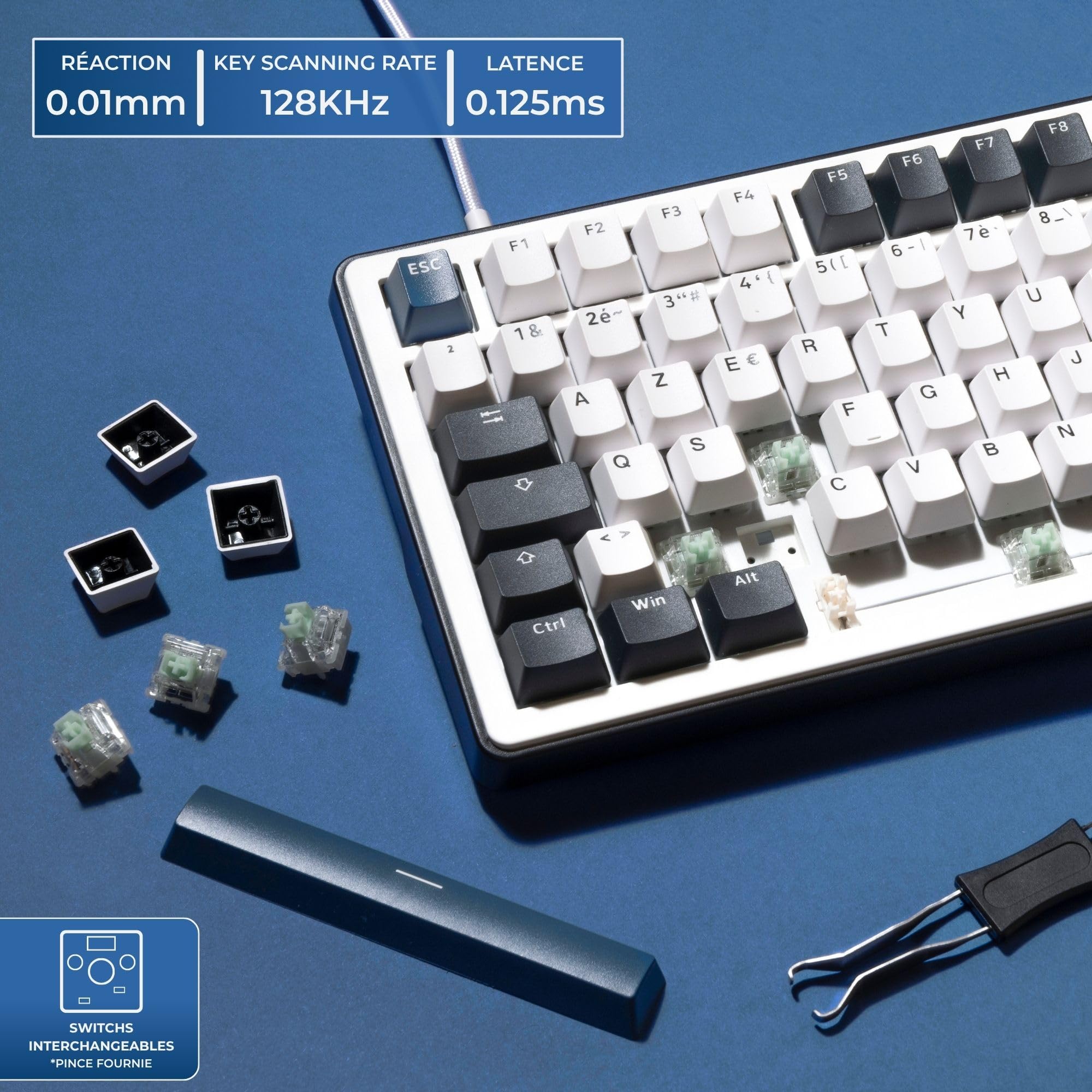 The G-Lab - KEYZ Elite 400 HE BW - Magnetyczna Klawiatura Gamingowa Hall Effect 96% AZERTY FR, Przewodowa USB, 8000 Hz Rapid Trigger, Regulowana Aktywacja 0,01 mm, PBT Hot-Swap, RGB i Makra - Win/Mac