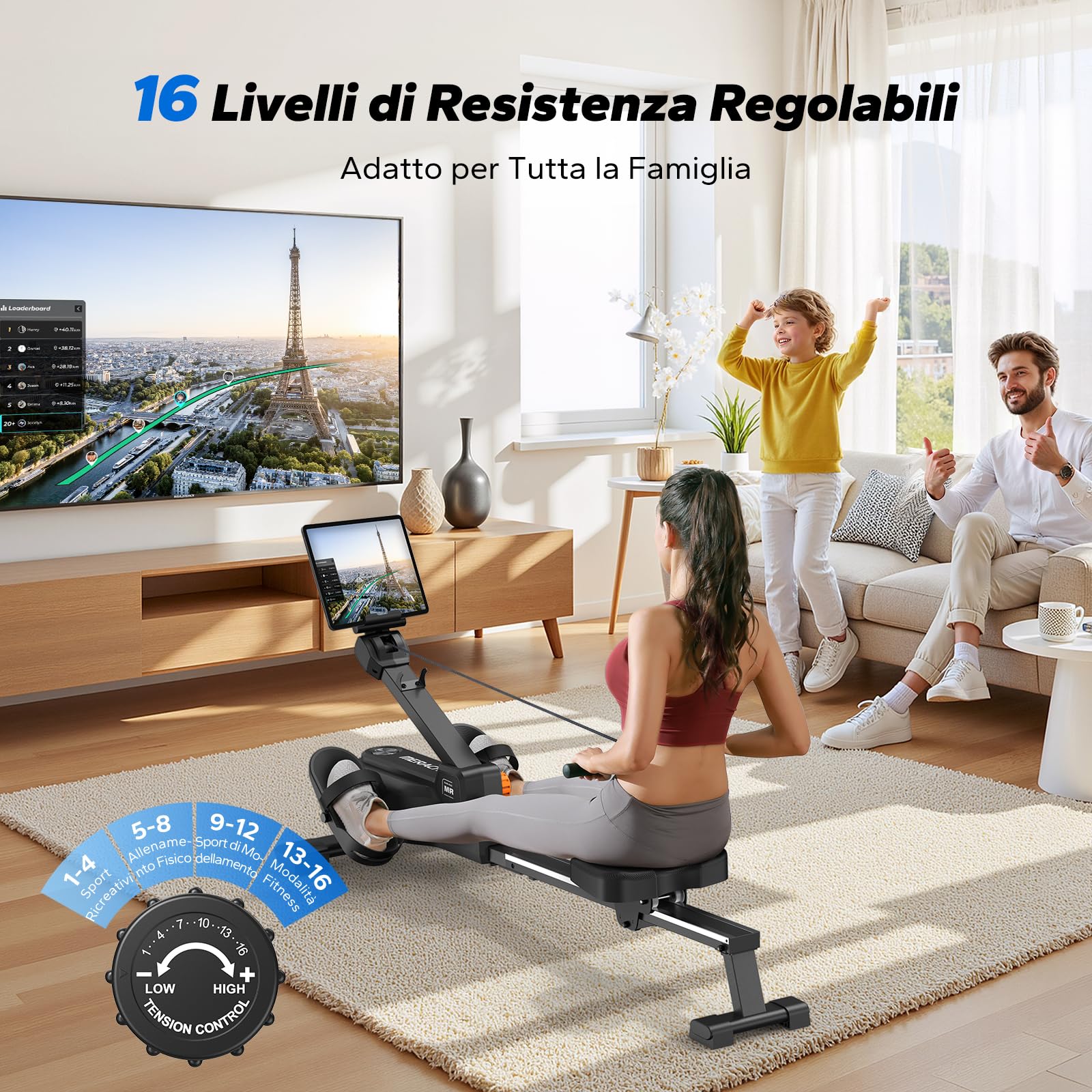 MERACH Vogatore per Casa con Mappa Interattiva Esclusiva e Giochi nell'APP, Aspetto Simile a uno Squalo, Esperienza di Remata Intensa, Salvaspazio, Adatto per l'Allenamento Completo del Corpo