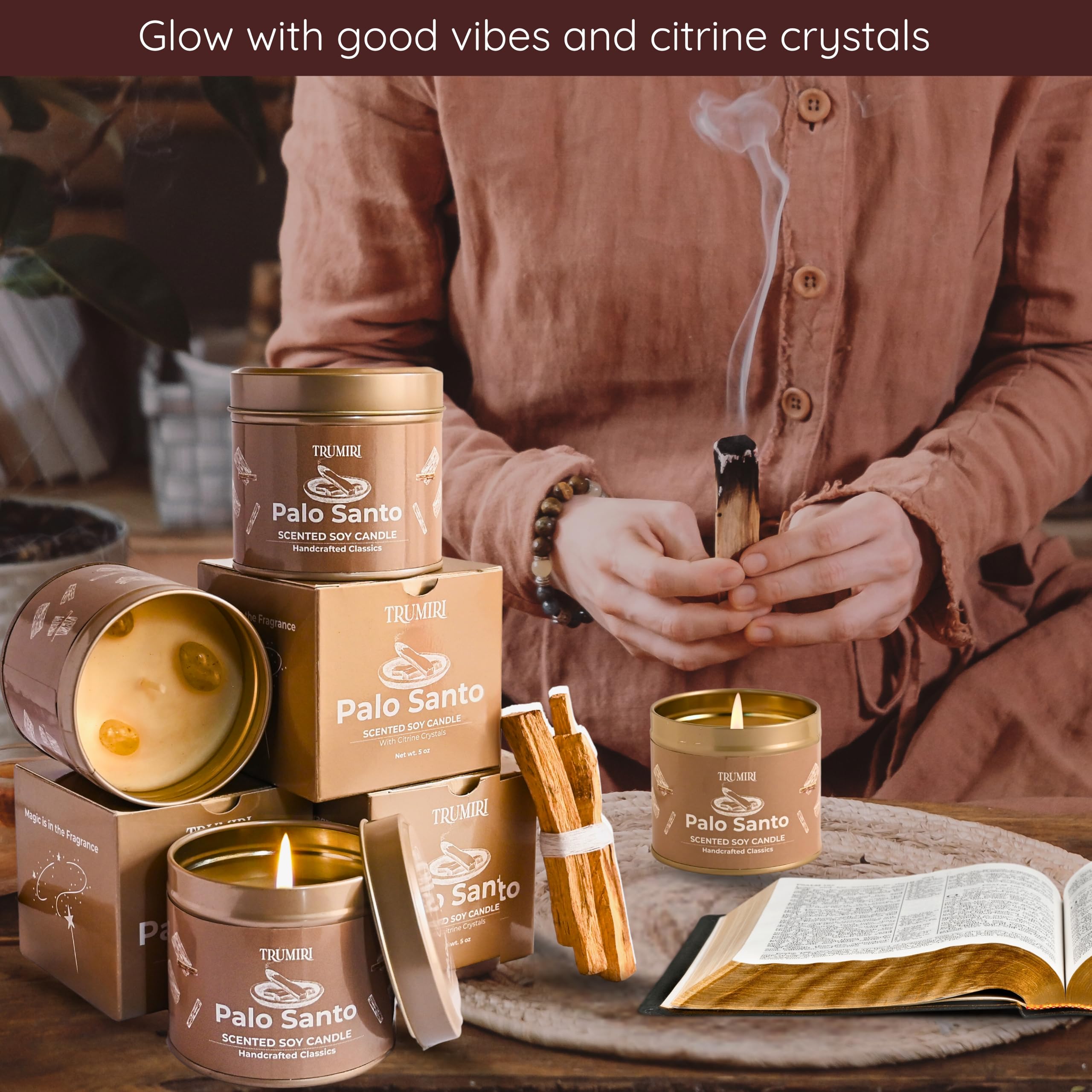 Palo Santo Kerze für Zuhause – stark duftend mit Citrin-Kristallen – Packung mit 3 x 142 g Sojawachs, organisch, ungiftig, für Aromatherapie, Entspannung, Meditation, Raumdekoration für Männer,