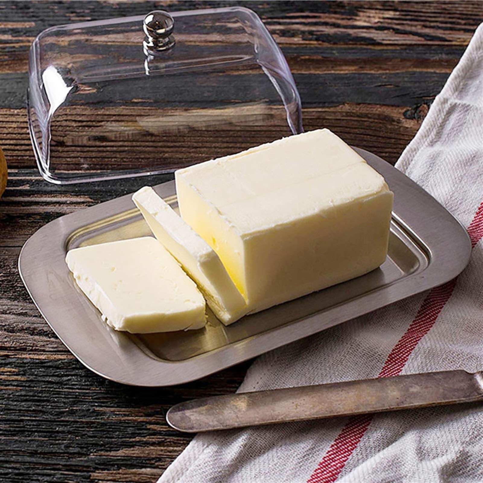 Burriere Scatola di burro in acciaio inox - Piatto di burro classico con coperchio Scatola di burro semplice - Snack Vassoio Casella di formaggio Casella di manutenzione di fresco Casella Cucina Forni