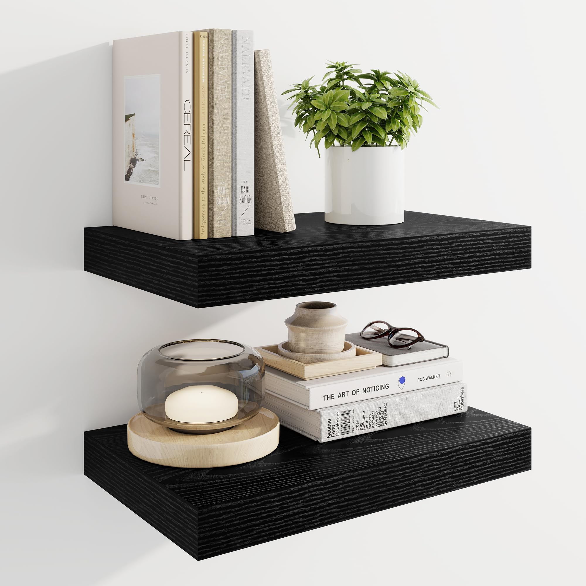 Marsmiles 40cm Floating Shelves for Wall, Wooden Shelves with Invisible Brackets Set of 2, Rustic Farmhouse Wall Mounted Shelf for Kitchen Bathroom Living Room Study, Black — image 1