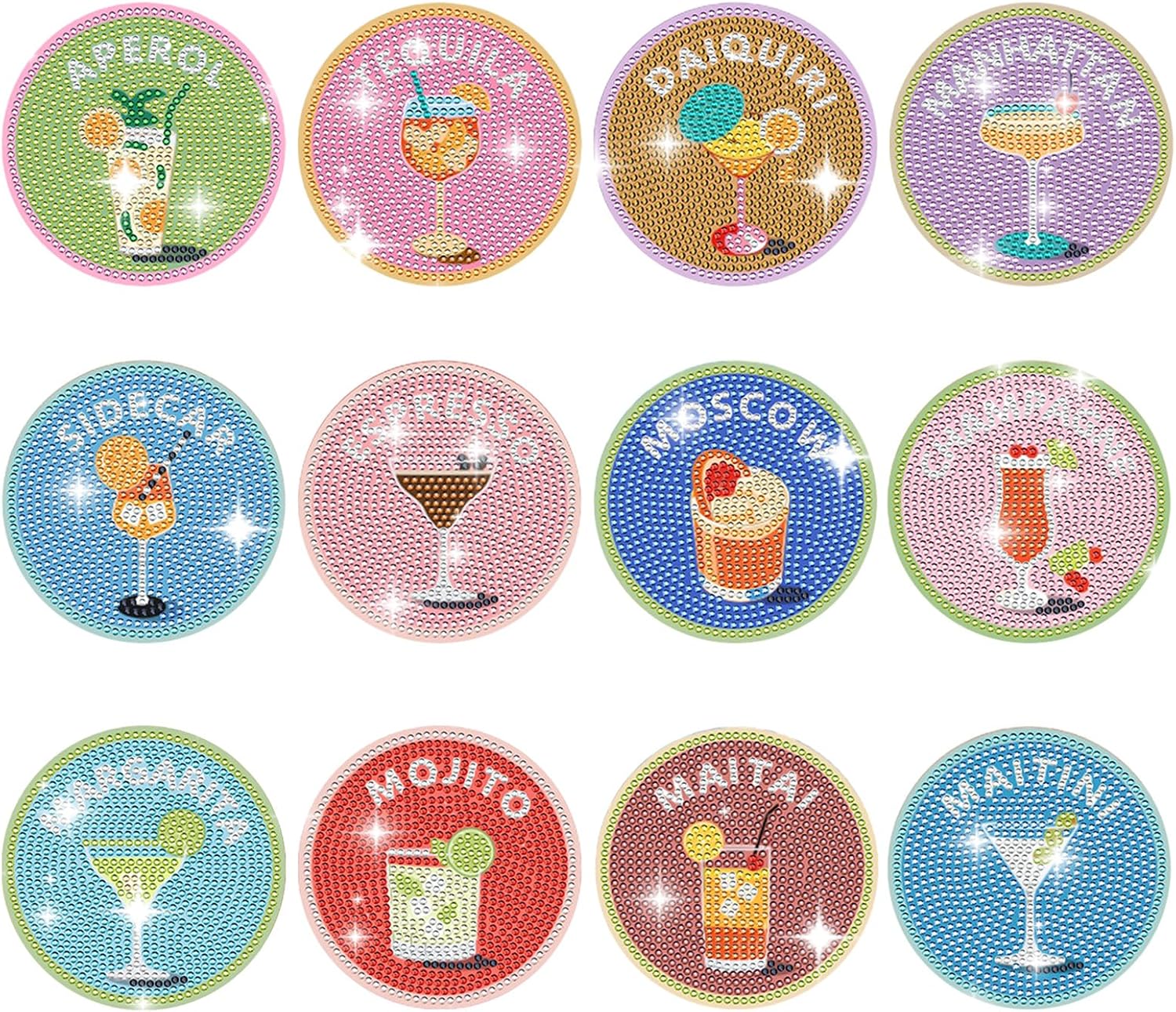 HEIFAM 12PCS Cocktail Diamond Art Coasters Kits, Non-Slip Round DIY Diamond Painting Coaster Kits Crafts for Adults, Cocktail Coaster Diamonds Art Small Projects, Birthday Gifts Ideal for Women