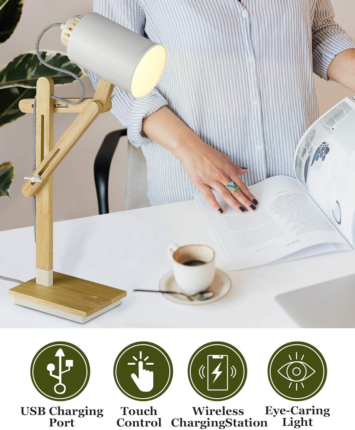 Gеt Pорulаr оƒƒеr LED White Desk Lamp, ELYONA Touch Control Wood Table Lamp with Wireless Chager & USB Charging Port, Swing Arm Reading Task Lights for Office, Dorm, Living Room, Bedroom, Farmhouse, Bulb Included
