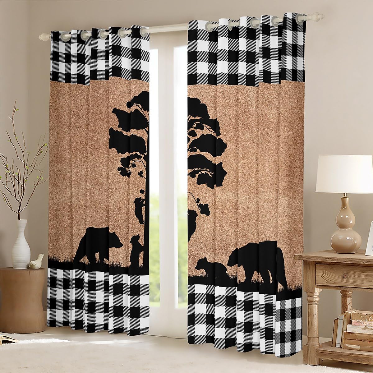 Bear Silhouettes Kids Window Curtains,Animals Trees Rustic Farmhouse Window Drapes for Boys Girls Adults,Geometric Grids Patch Brown Retro Window Treatments Grommet Top 2 Panel Set,52Wx90L inch