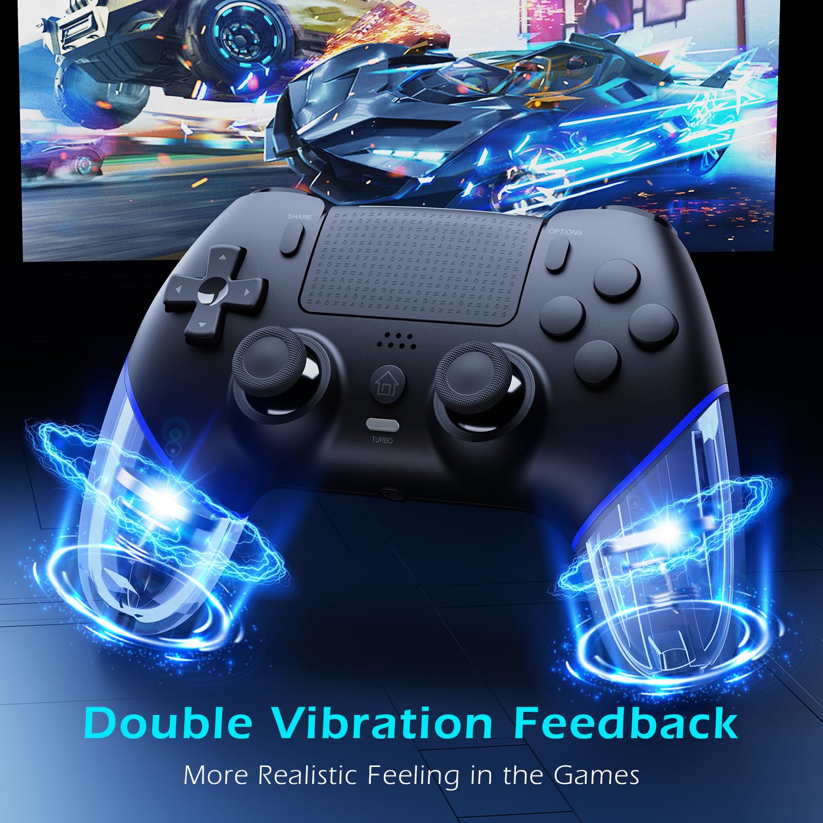CHEREEKI Manette pour PS4 avec Bluetooth, Manette sans Fil PS4 avec Joystick Hall/Macro Bouton Programmation/Turbo/Double Vibration/Haut-Parleurs et Prise Casque, 1000mAh, Noir