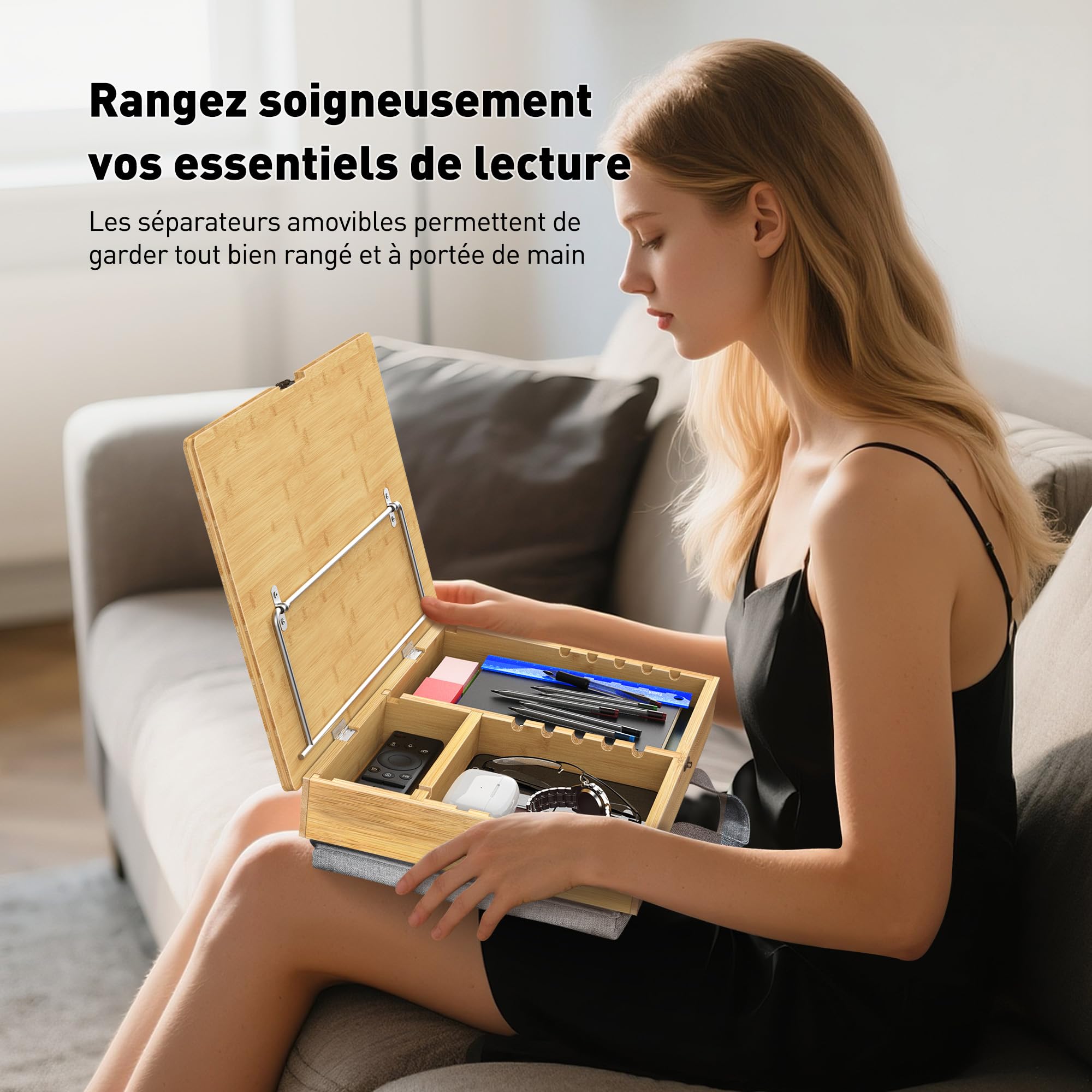 Bibliothèque AboveTEK avec rangement, étagère réglable en bambou avec genouillère souple, étagère à recettes, étagère de lecture mains libres pour lit, bureau et plan de travail