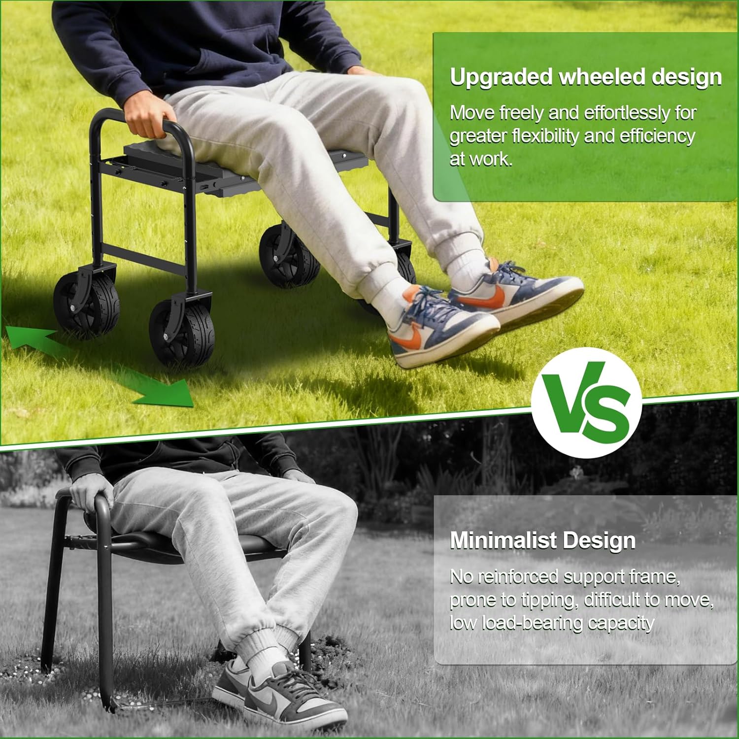 NIUXX Garden Kneeler and Seat with 360° Wheels: 3-in-1 Rolling Garden Stool with Extendable Legs - Foldable Garden Seat with Thick Pad & Tool Pouches - Heavy Duty Gardening Bench for Seniors