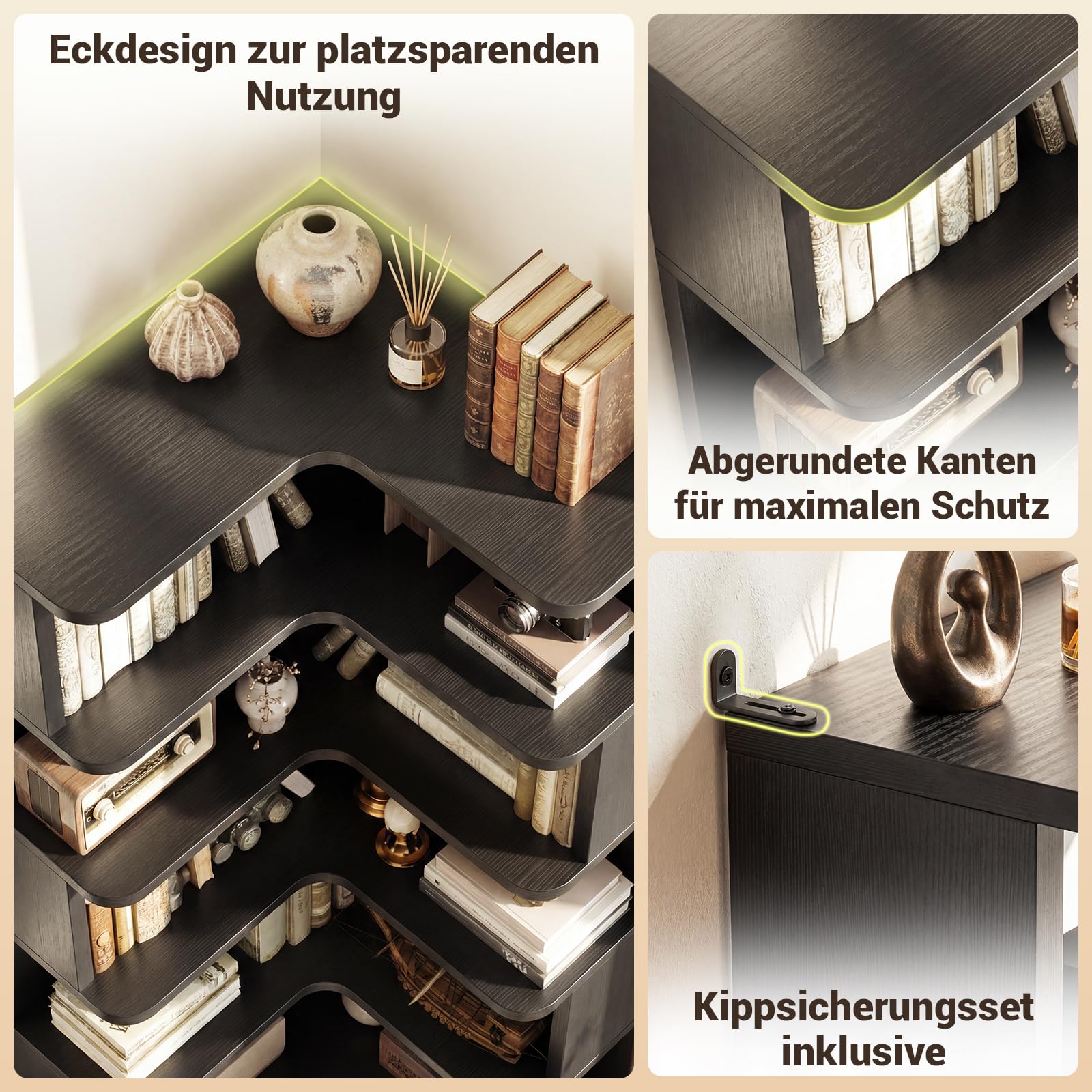 iSunirm Eckregal mit 5 Ebenen, L-Form Bücherregal für Ecken, Modernes Standregal Aktenregal für Wohnzimmer, Schlafzimmer & Büro, Holzregal Platzsparend, 60x60x162 cm, Schwarz