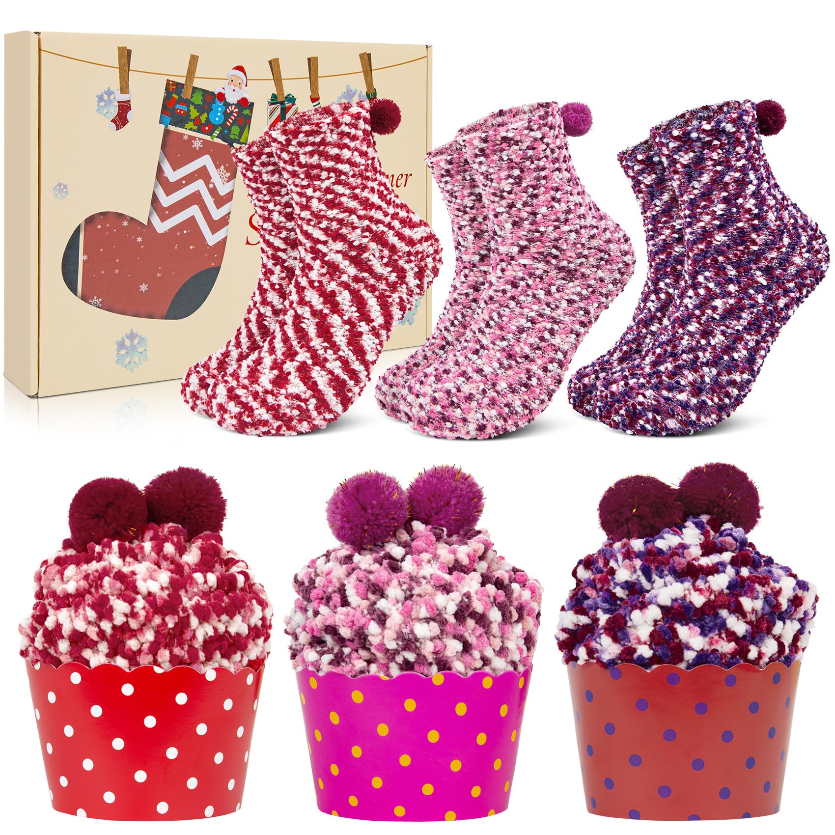 Chaussettes Bouclettes YSense Snug Femme Hiver Chaussette Chaud Cadeaux De Noël Cupcake Moelleuses Floues Pantoufle Doux Polychrome Chaussettes De Nuit Femme