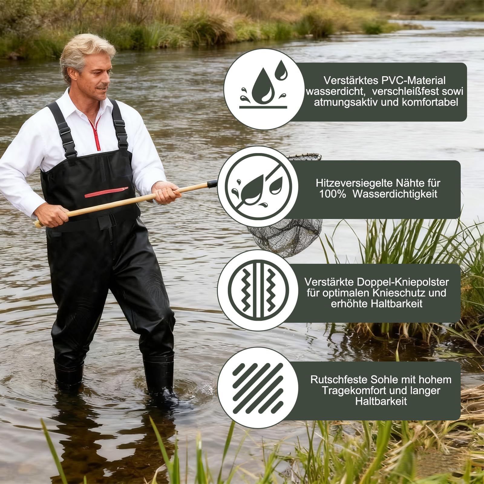 Wathose Herren wasserdicht Anglerhose, Verstärkte PVC-Anglerbekleidung mit Anti-Rutsch-Sohle Gr. 43-46, fällt klein aus bitte größer bestellen, Verstellbare Schulterträger, Angeln, Farmarbeit, Outdoor