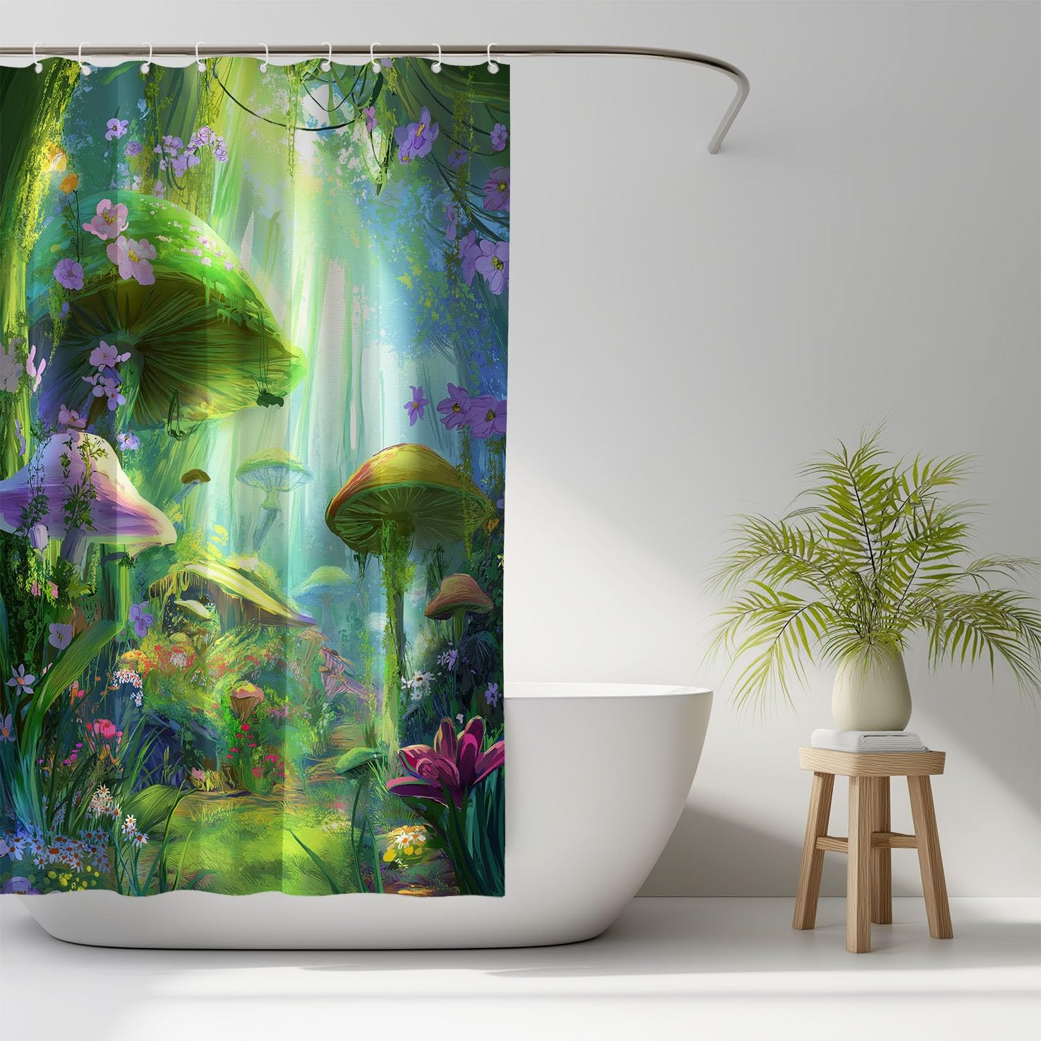 Generico Tenda da doccia Etereo Foresta Fungo, Verde Viola tenda da doccia Fantasia per il bagno, tessuto in poliestere impermeabile con ganci 180 x 200 cm Per La Vasca Da Bagno Casa E Hotel Caravan